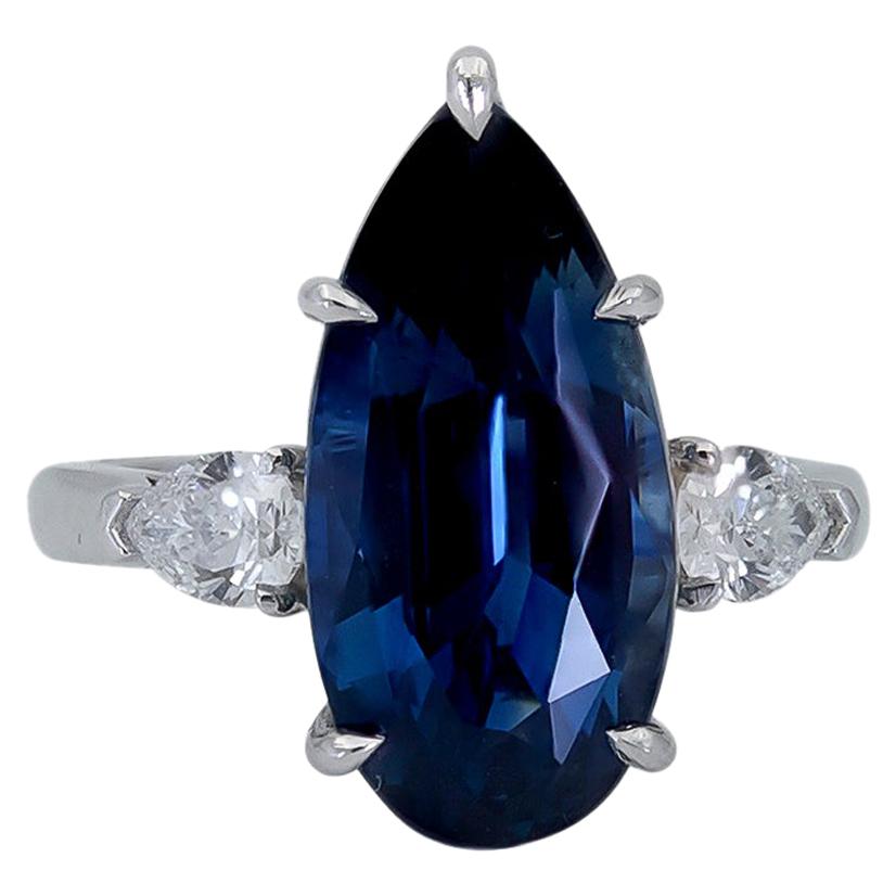 9.73 Carat Pear Shape Blue Sapphire and Diamond Three-Stone Engagement Ring For Sale