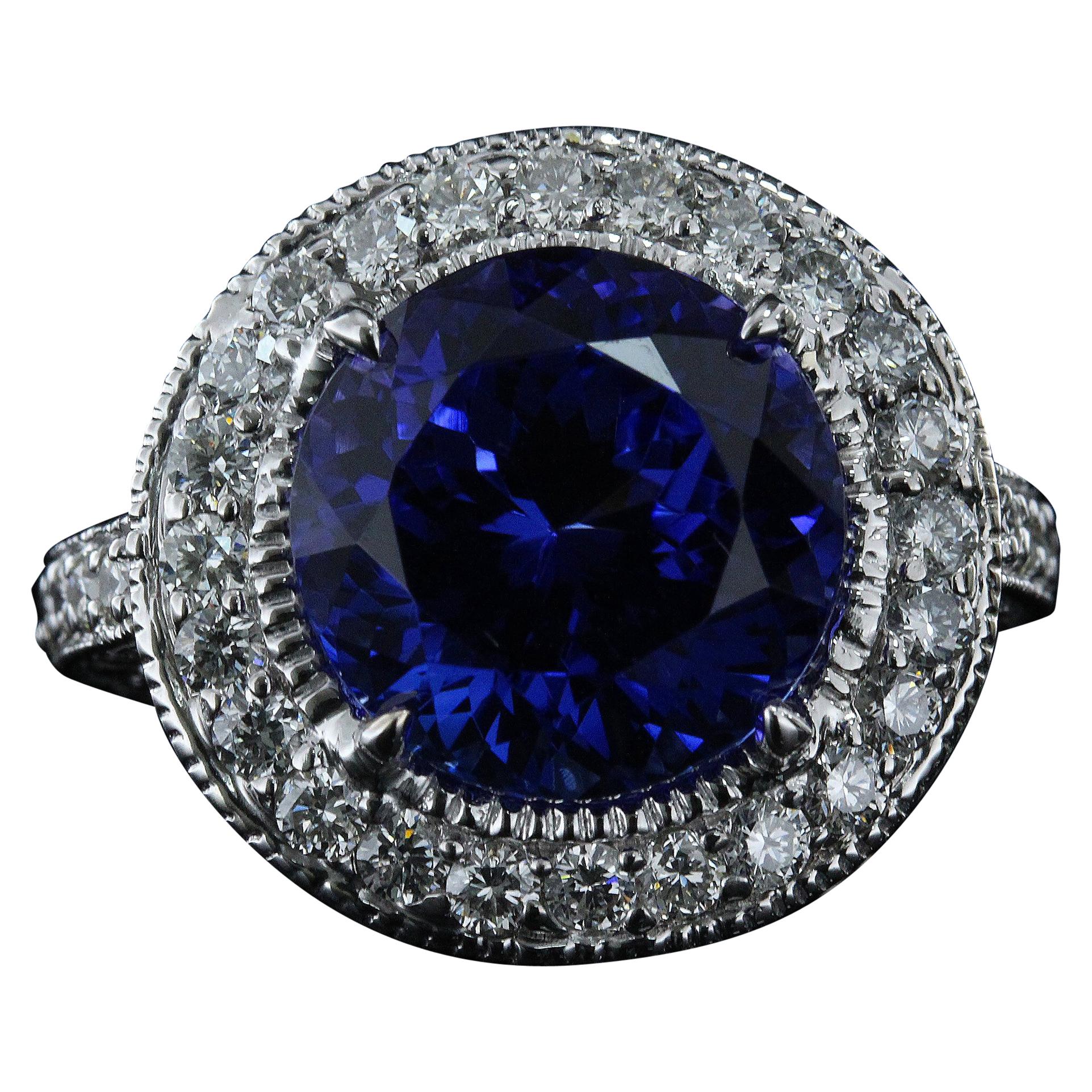 9.73 Carat Round Natural Violet Blue Tanzanite AAA Quality 14 Karat Gold Ring
