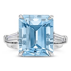 GIA Certified 9.73 Carats Emerald Cut Aquamarine Three-Stone Engagement Ring