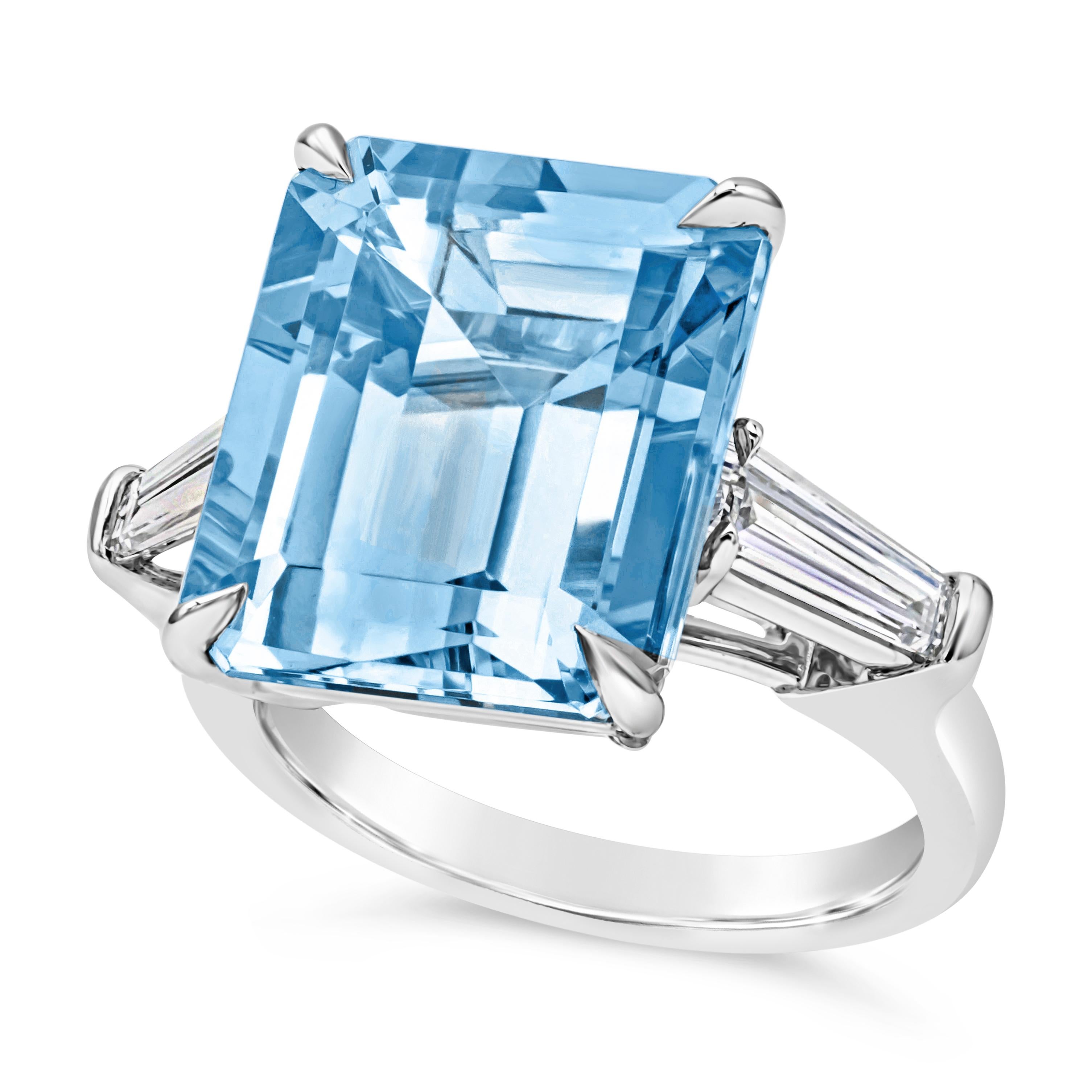 Contemporary 9.73 Carats Emerald Cut Blue Aquamarine & Diamond Three Stone Engagement Ring For Sale
