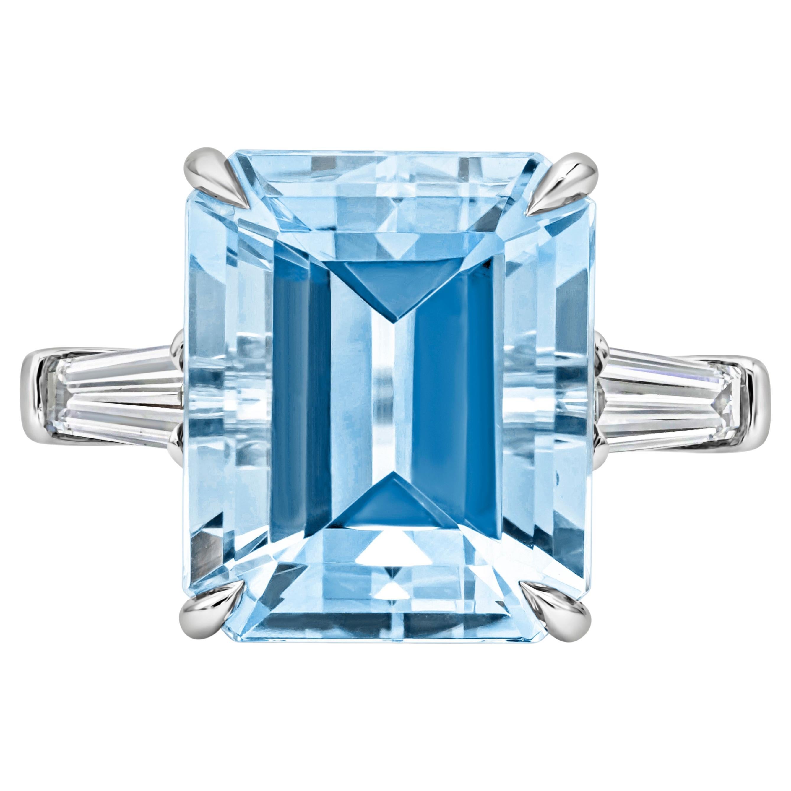9.73 Carats Emerald Cut Blue Aquamarine & Diamond Three Stone Engagement Ring For Sale