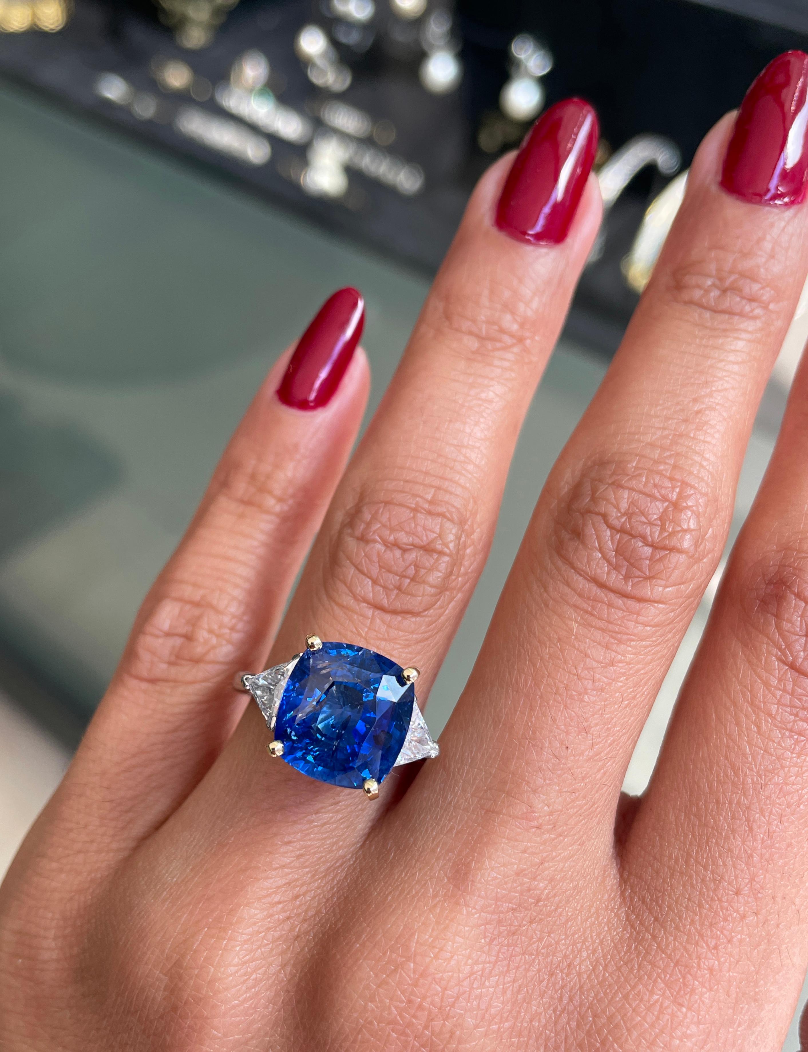 Cushion Cut 9.73ct Sapphire and Diamond 18ct Gold and Platinum Three Stone Engagement Ring