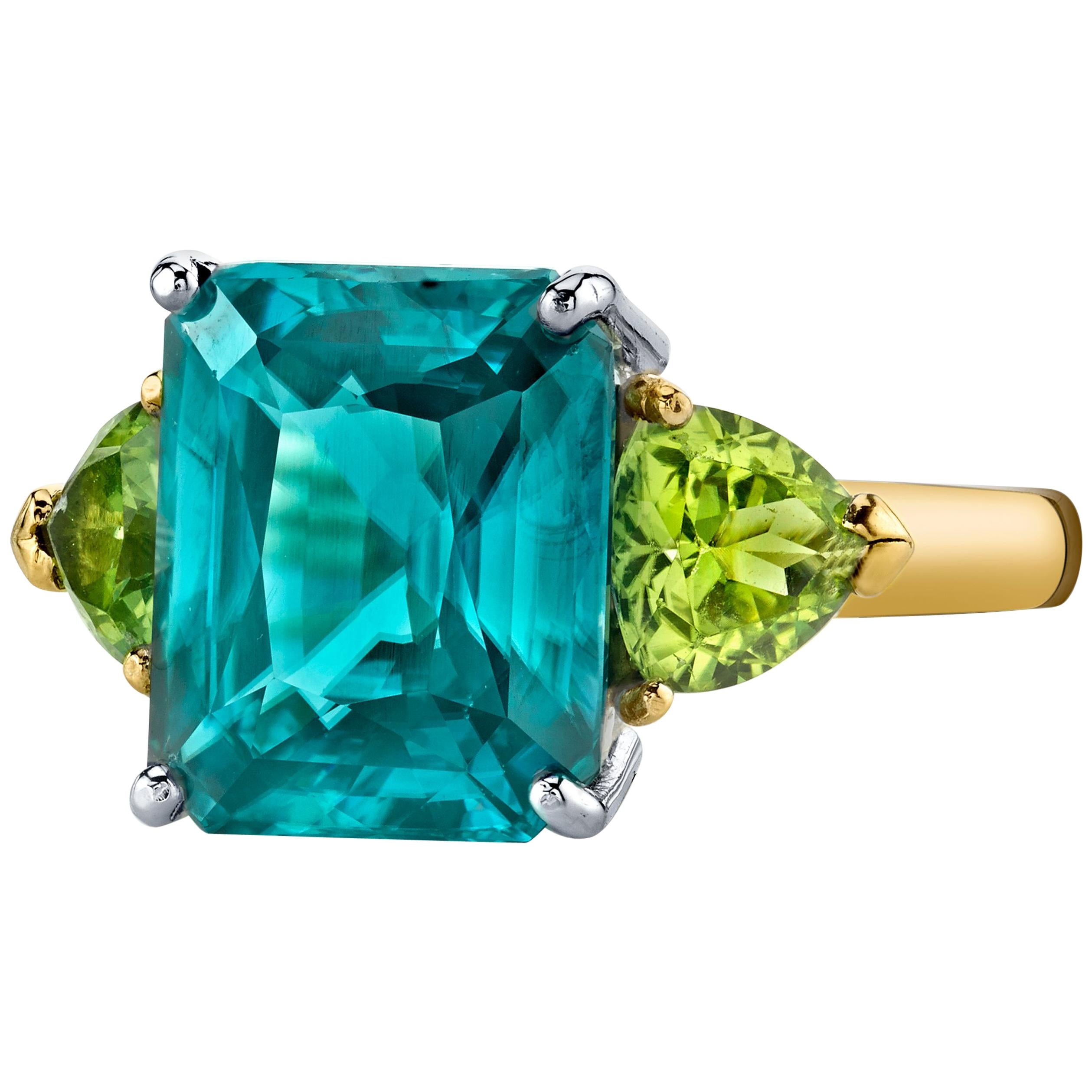 9.74 ct. Blue Zircon and Peridot 18k Yellow and White Gold 3-Stone Cocktail Ring