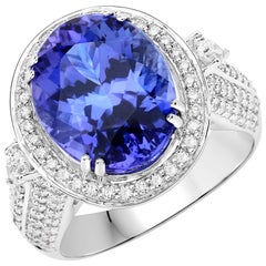 9.74 Carat Genuine Tanzanite and Diamond 18 Karat White Gold Cocktail Ring