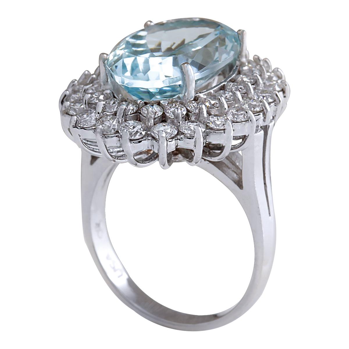 Oval Cut Natural Aquamarine Diamond Ring In 14 Karat White Gold For Sale