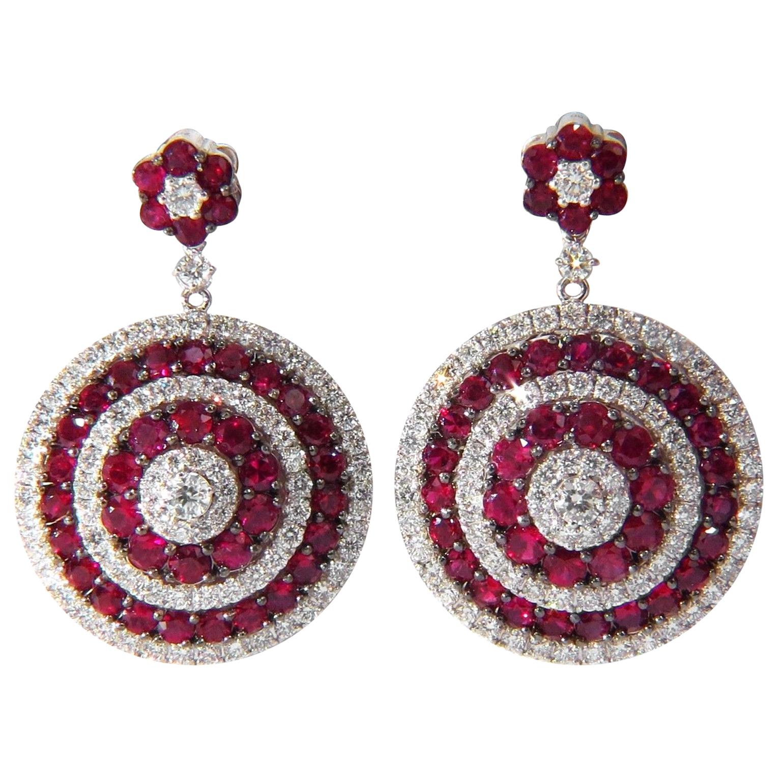 9.74 Carat Natural Red Ruby Diamond Dangling Earrings 18 Karat Roulette Bullseye For Sale