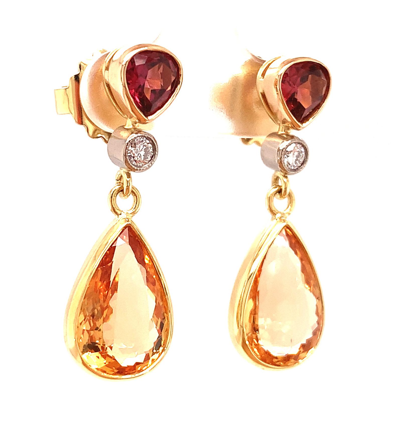 Artisan Precious Topaz and Garnet Drop Earrings 18K Yellow Gold, 9.74 Carats Total  For Sale