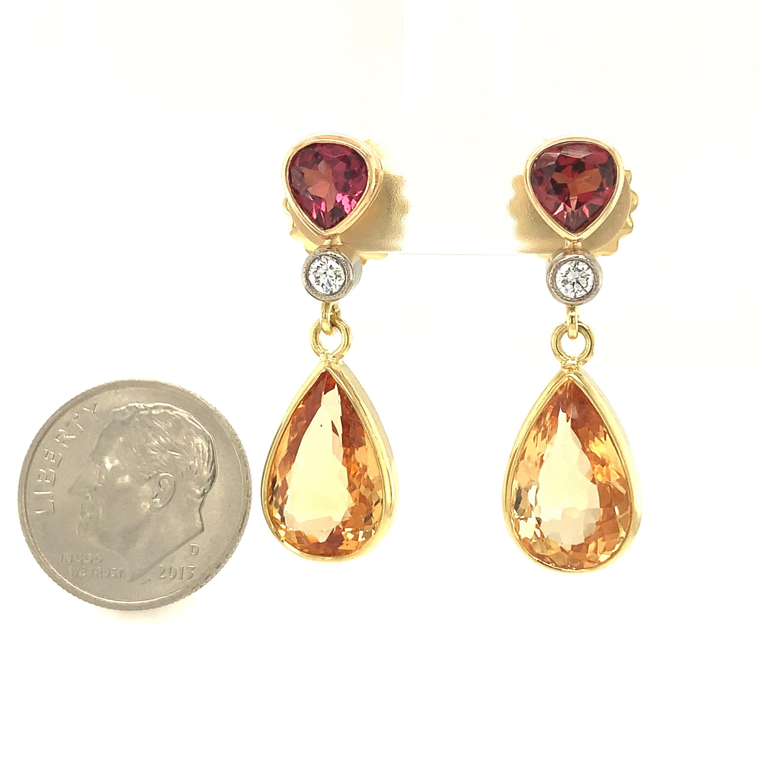 Women's Precious Topaz and Garnet Drop Earrings 18K Yellow Gold, 9.74 Carats Total  For Sale