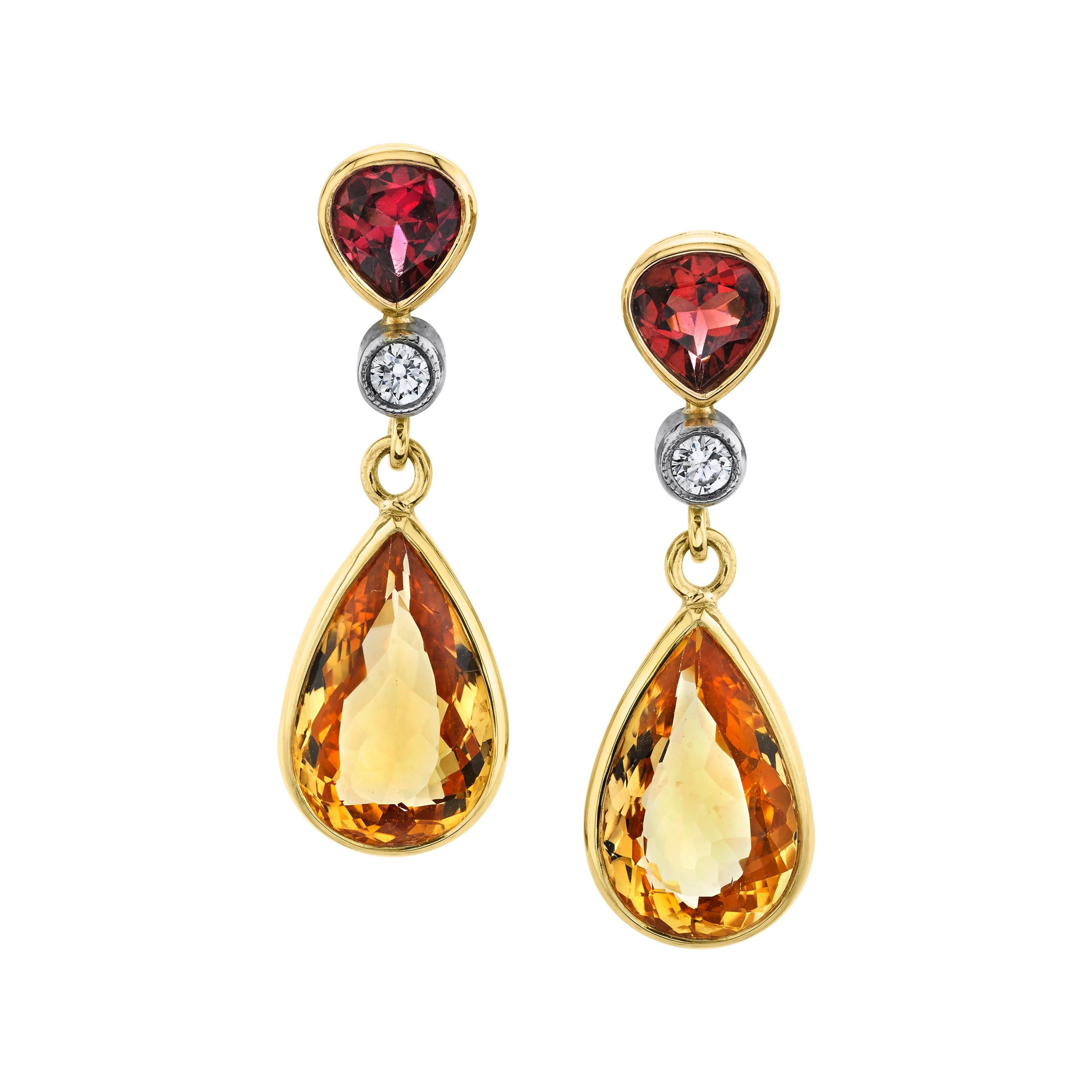 9.74 Carat Total Precious Topaz Pear, Garnet Diamond Yellow Drop Dangle Earrings
