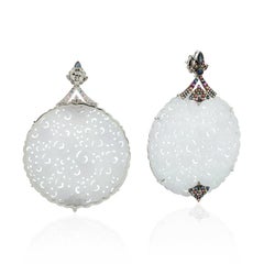 Carved Lavender Jade Dangle Earrings With Sapphire & Diamonds In 18k White Gold