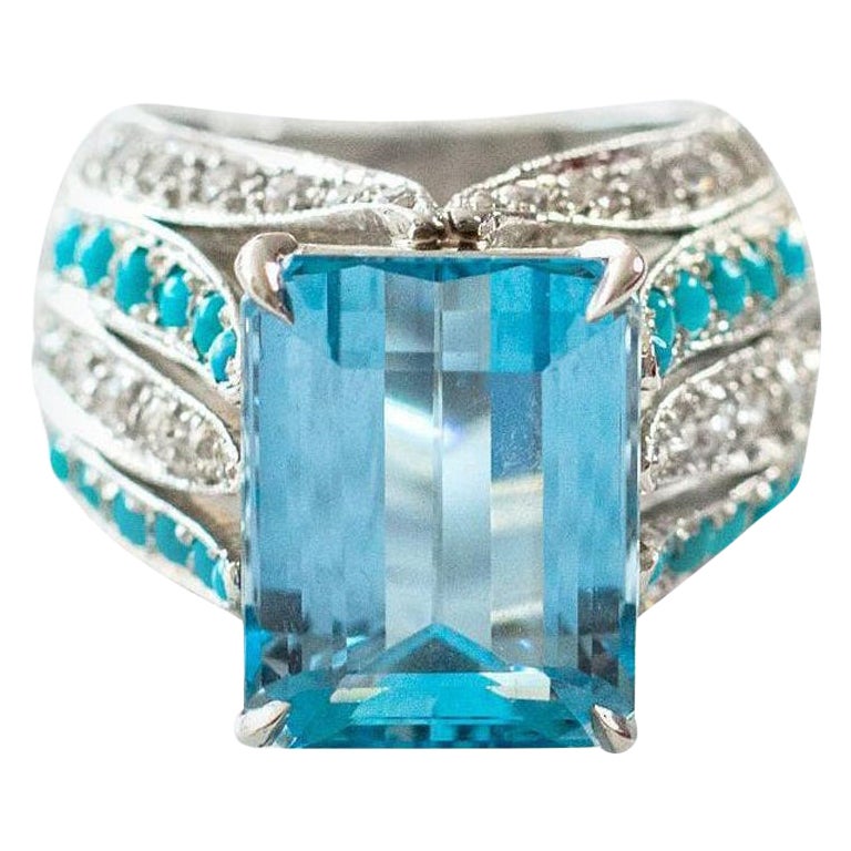 Bague en platine, aigue-marine, diamant et turquoise de 9,75 carats