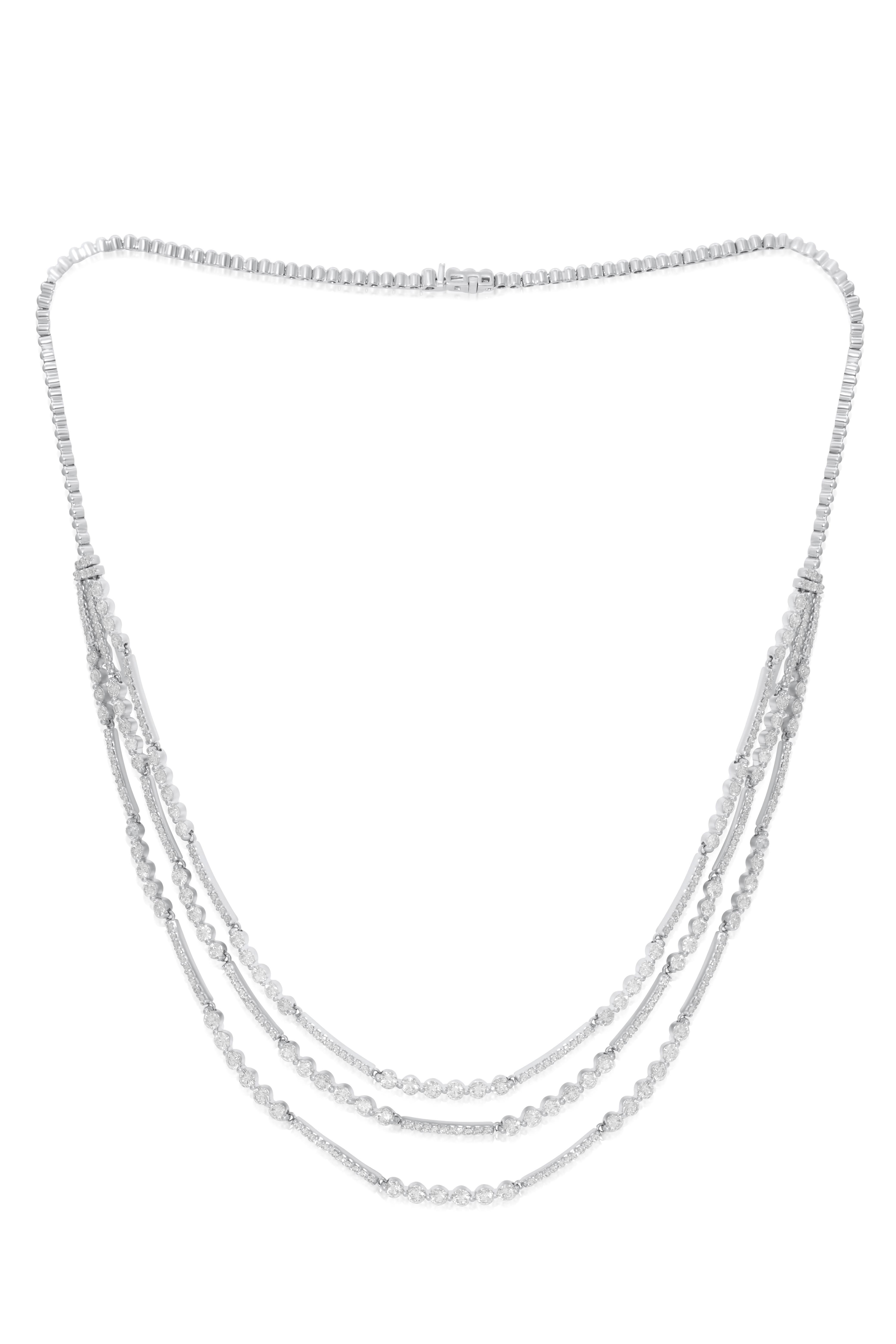 18K White Gold Diamond Layered Necklace, features 9.75 Carats of Diamonds. All diamond are G-H in Color SI in Clarity Ideal cut 
16