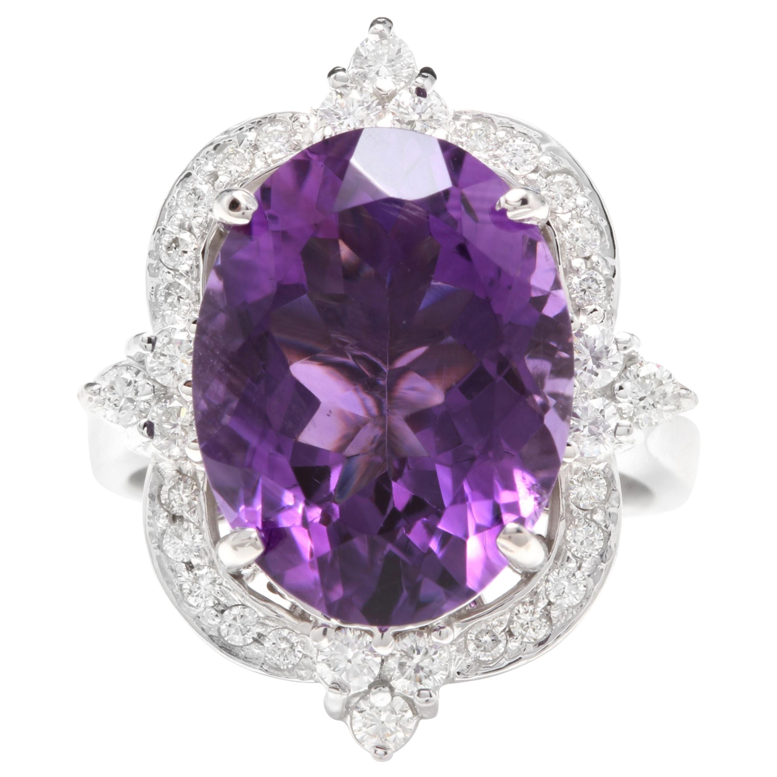 9,75 Karat beeindruckender Ring mit natürlichem Amethyst und Diamant aus 14 Karat massivem Weißgold