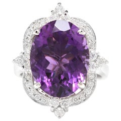 9.75 Carat Natural Impressive Amethyst and Diamond 14K Solid White Gold Ring