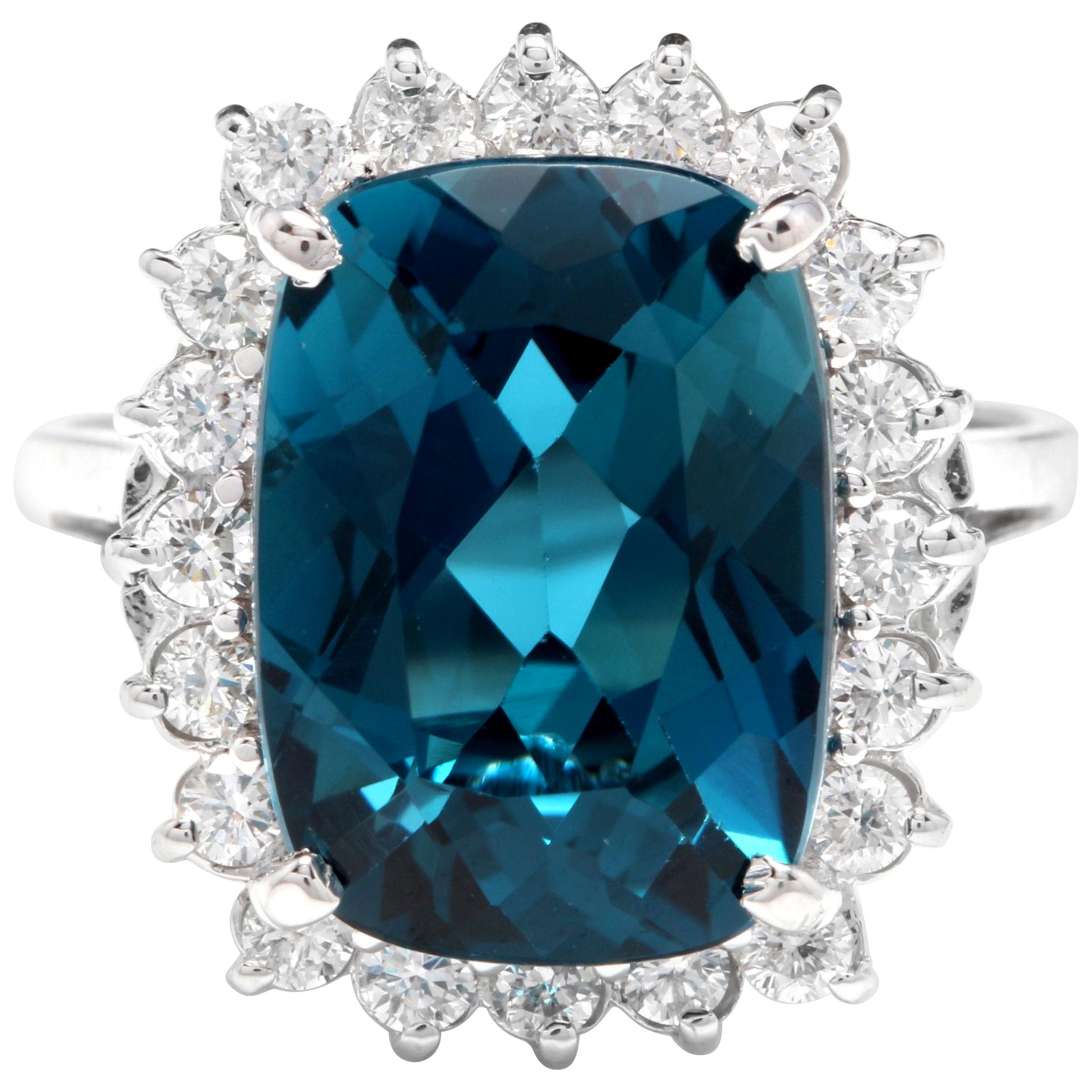 9,75 Karat natürlicher beeindruckender Londoner Blautopas und Diamant 14k Gelbgold Ring
