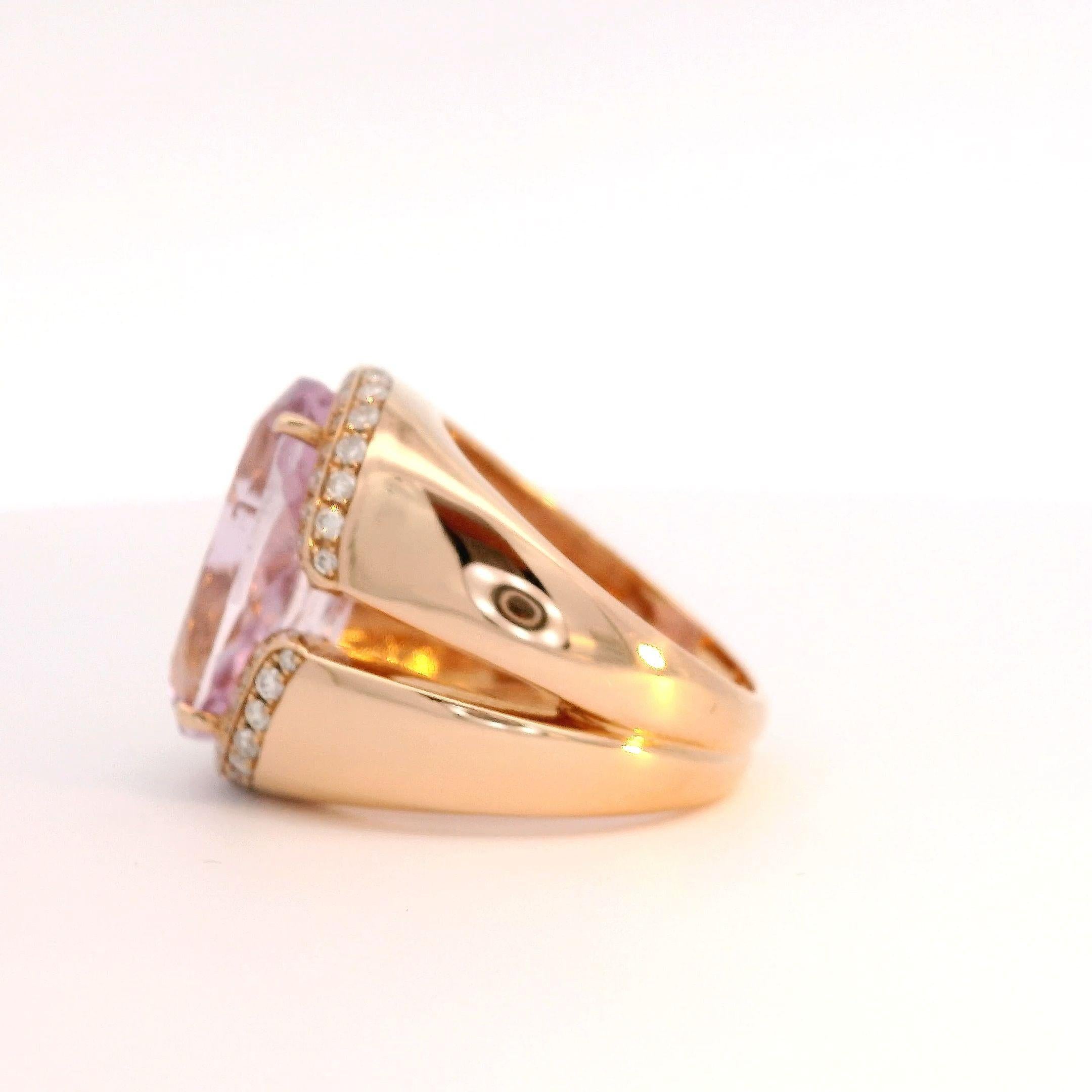 Contemporary 9.75 Carat Oval Pink Kunzite Ring in 18K Rose Gold with Diamonds For Sale