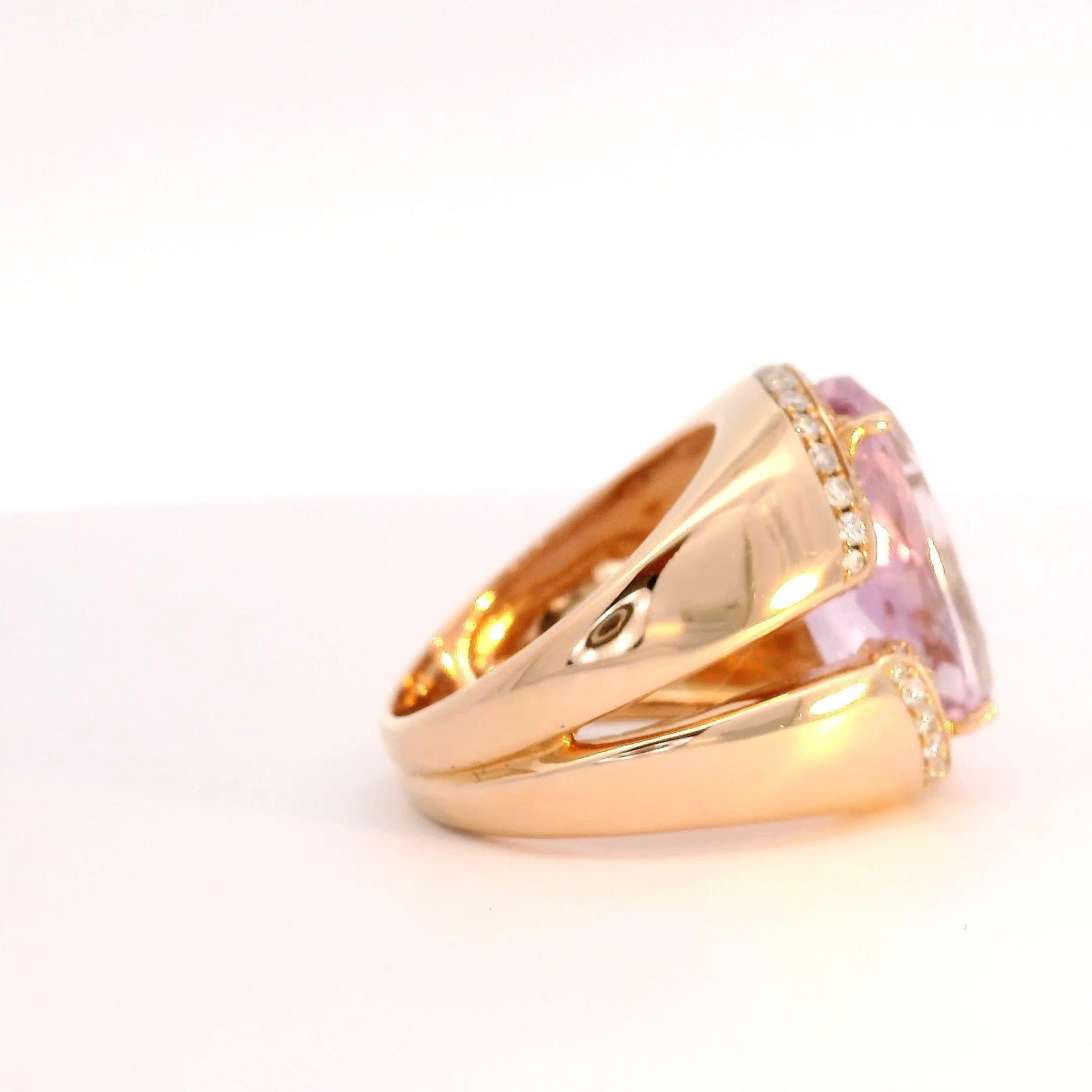 Oval Cut 9.75 Carat Oval Pink Kunzite Ring in 18K Rose Gold with Diamonds For Sale