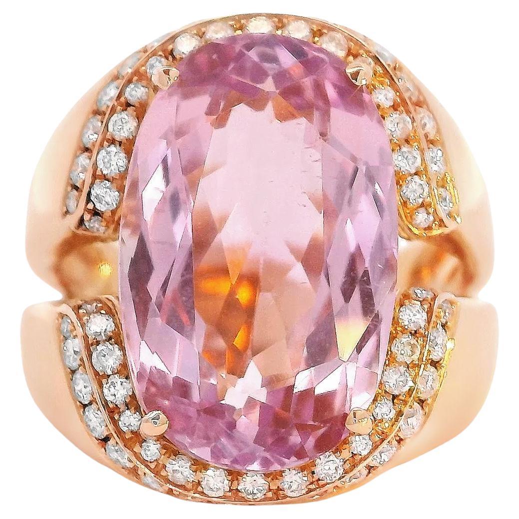 9.75 Carat Oval Pink Kunzite Ring in 18K Rose Gold with Diamonds