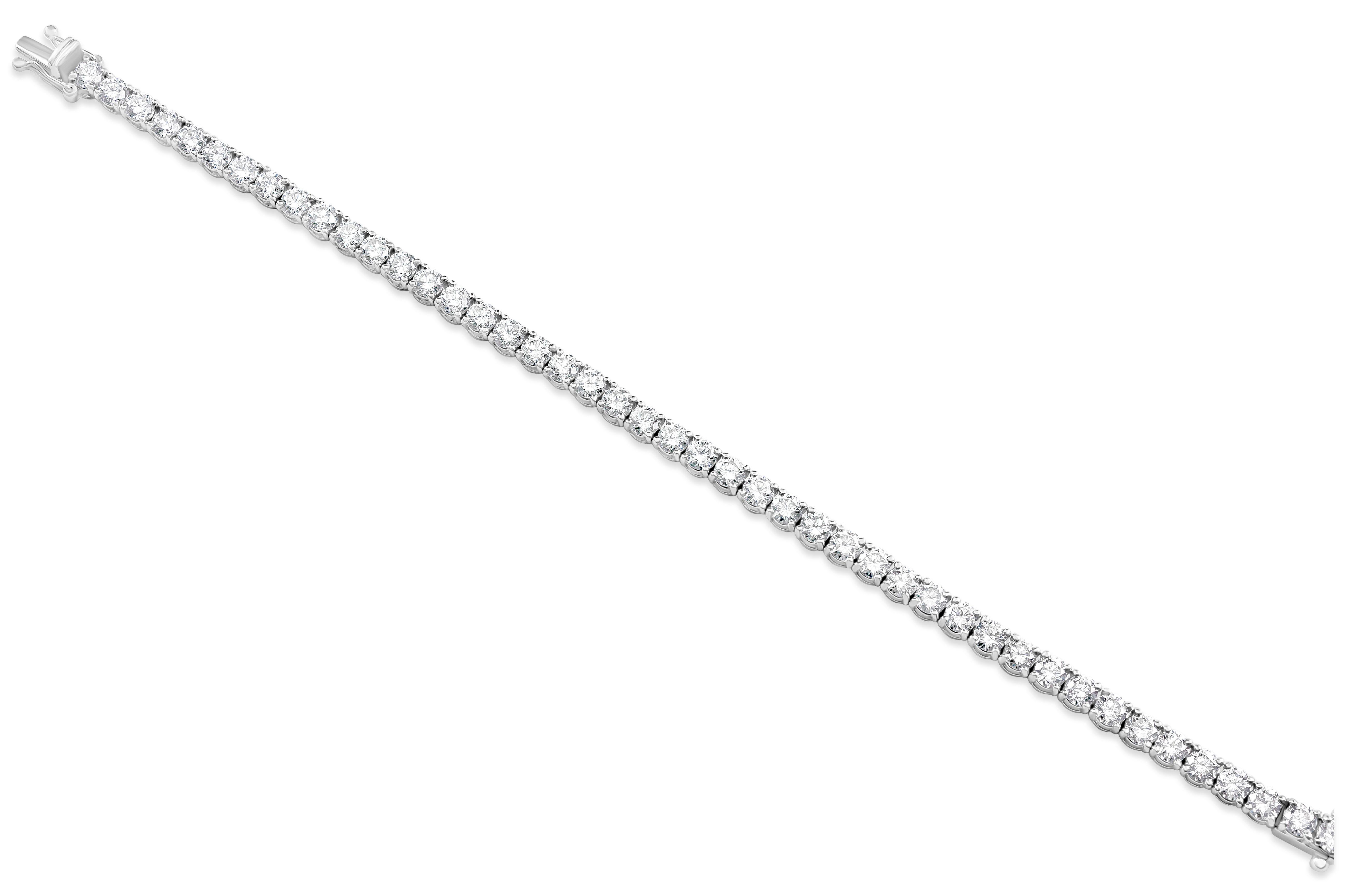 A timeless tennis bracelet design showcasing a line of round brilliant diamonds weighing 9.75 carats total. Made with 18K White Gold. 7.5 inches in Length. 

Style available in different price ranges. Prices are based on your selection. Please