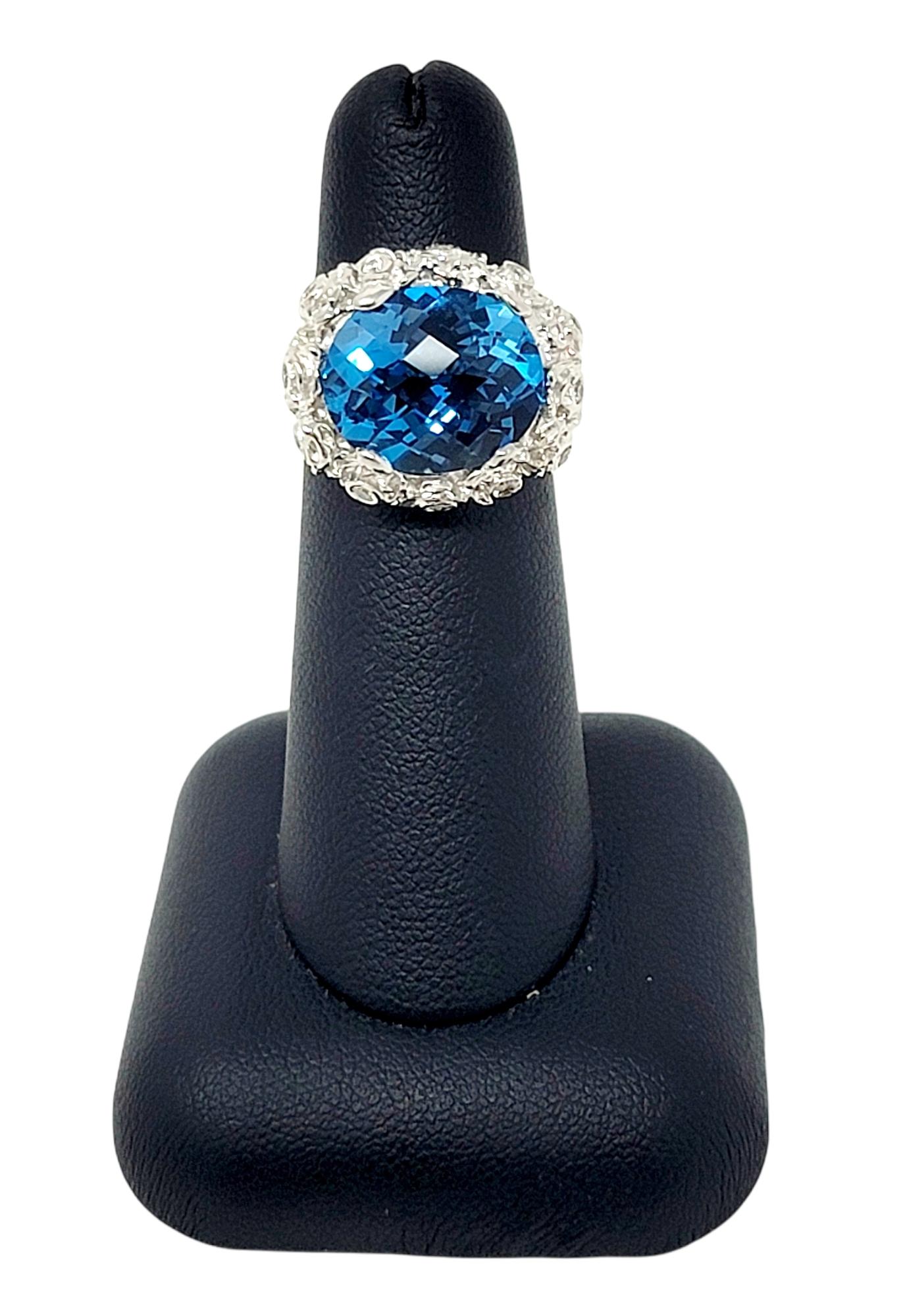 Women's 9.75 Carat Total Oval Checkerboard Cut Blue Topaz and Diamond Ring 18 Karat Gold For Sale