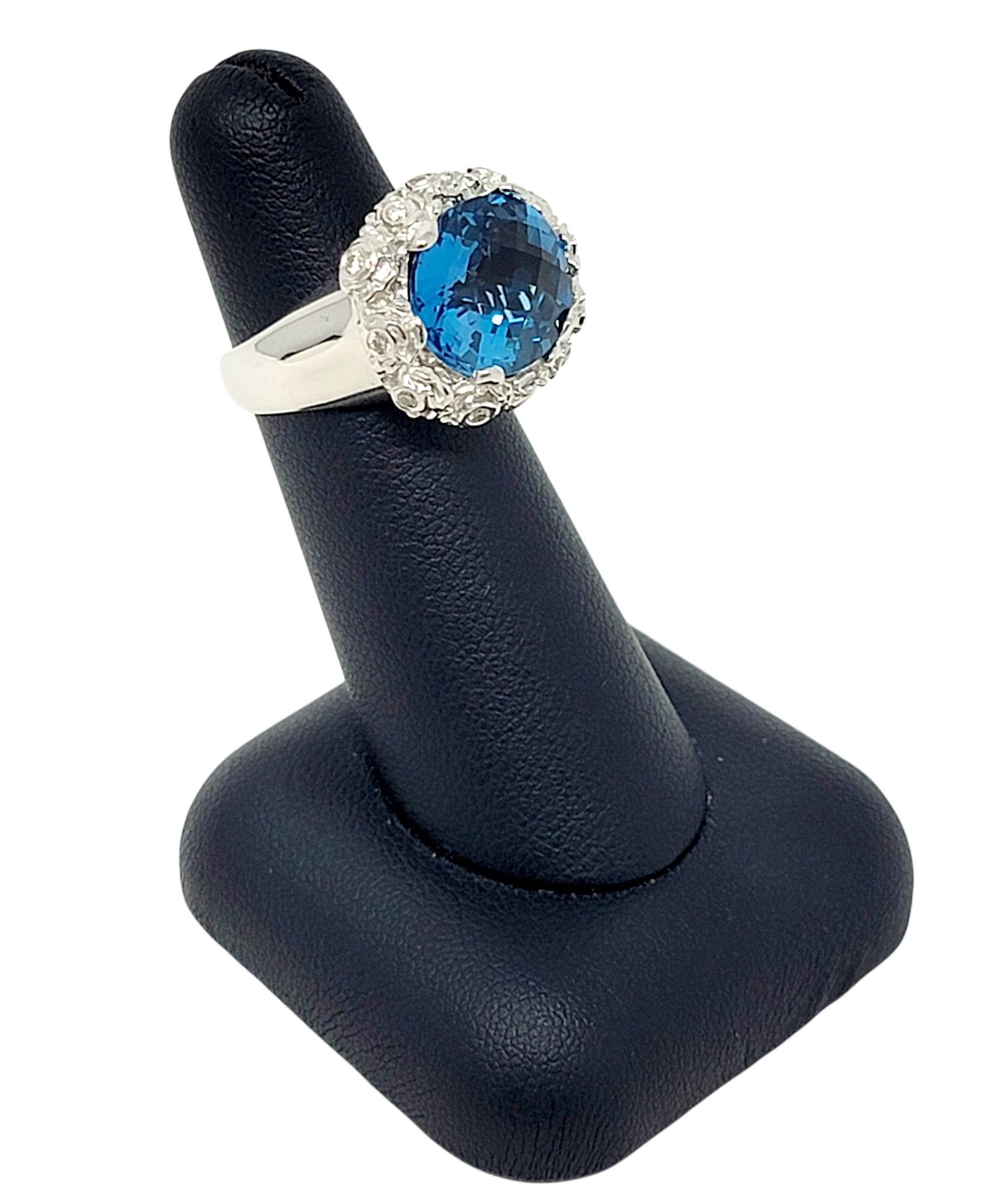 9.75 Carat Total Oval Checkerboard Cut Blue Topaz and Diamond Ring 18 Karat Gold For Sale 1
