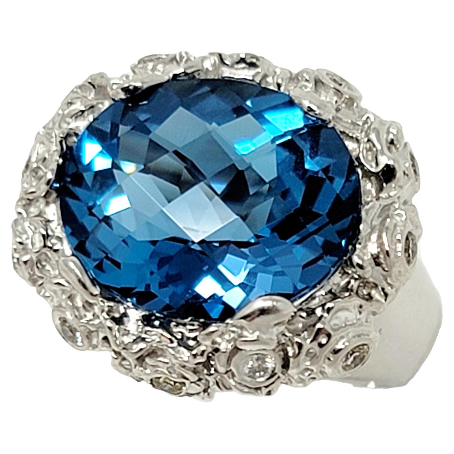 9.75 Carat Total Oval Checkerboard Cut Blue Topaz and Diamond Ring 18 Karat Gold For Sale