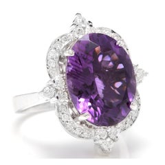 9.75 Carat Natural Impressive Amethyst and Diamond 14K Solid White Gold Ring