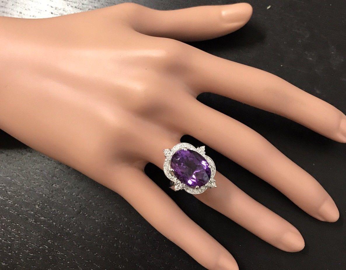Women's 9.75 Carat Natural Impressive Amethyst and Diamond 14K Solid White Gold Ring For Sale
