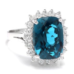 Anello in oro giallo 14k da 9,75 carati naturale con topazio blu di Londra e diamanti