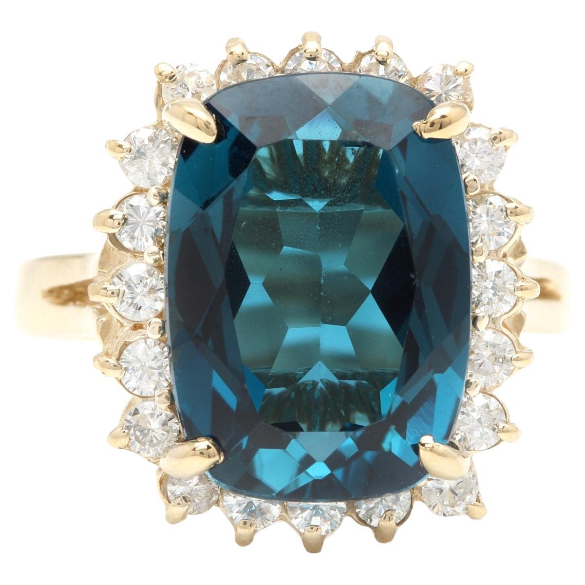 9.75 Ct Natural Impressive London Blue Topaz and Diamond 14K Yellow Gold Ring For Sale