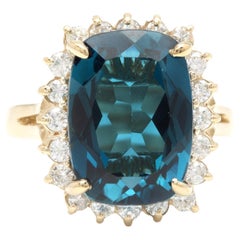 Bague impressionnante en or jaune 14 carats, topaze bleue de Londres 9,75 carats et diamants