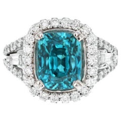 9.75 Ct Natural Nice Looking Blue Zircon and Diamond 14K Solid White Gold Ring