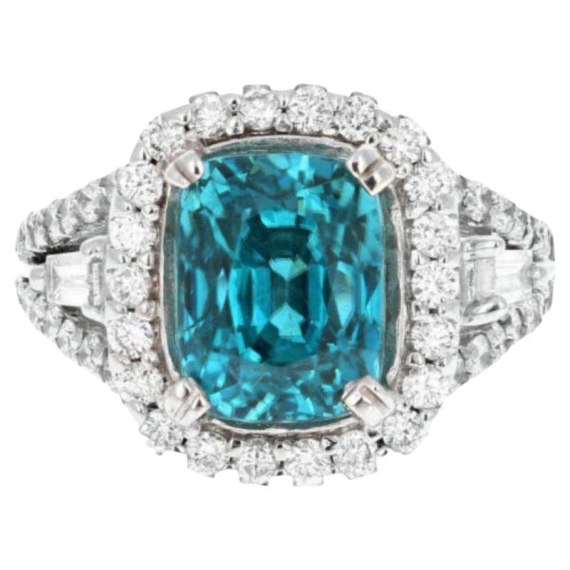 9.75 Ct Natural Nice Looking Blue Zircon and Diamond 14K Solid White Gold Ring For Sale