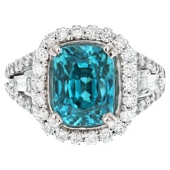 9.75 Ct Natural Nice Looking Blue Zircon and Diamond 14K Solid White Gold Ring