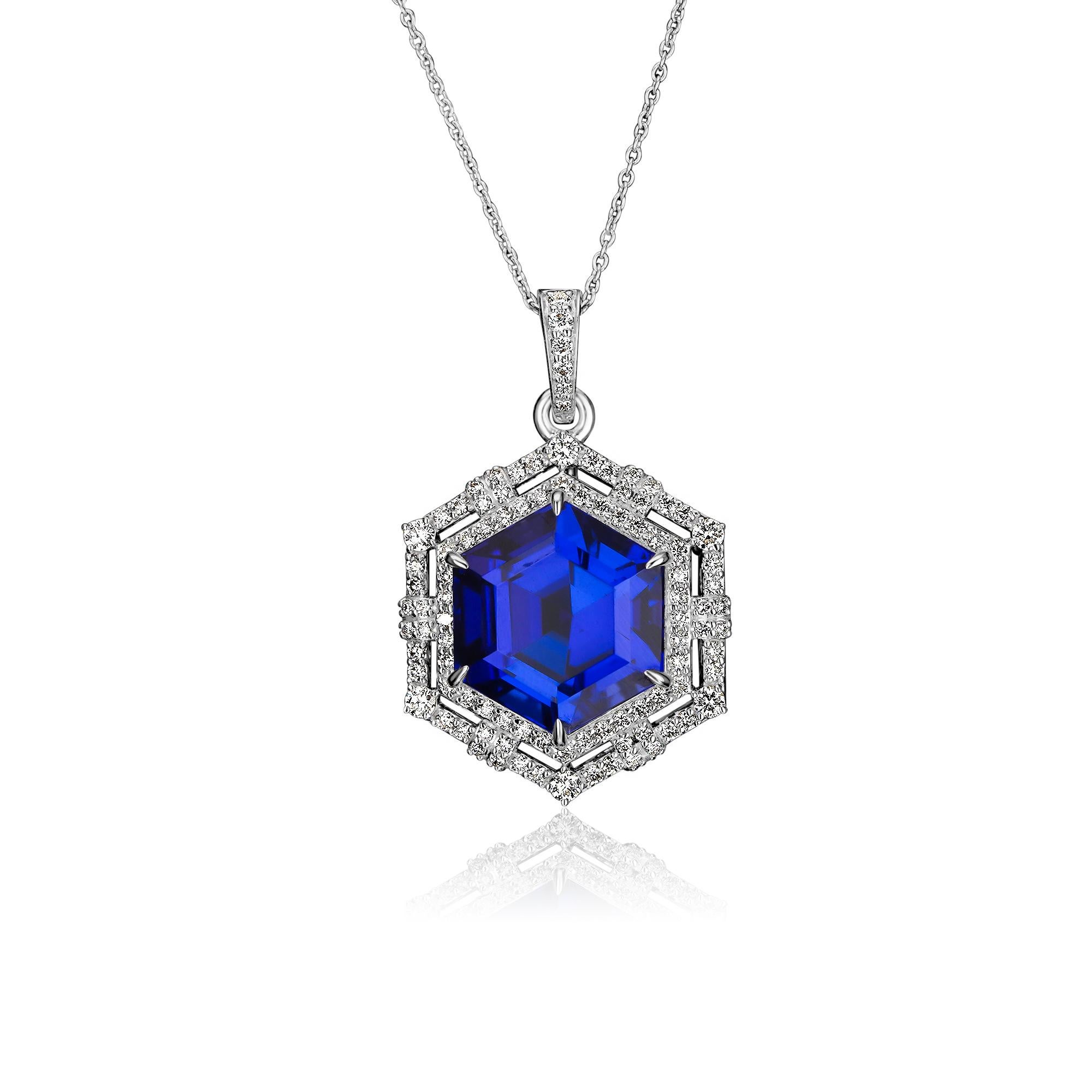 9.75 Cts Hexagon Tanzanite Pendant – 18K White Gold 
Diamond Halo For Sale