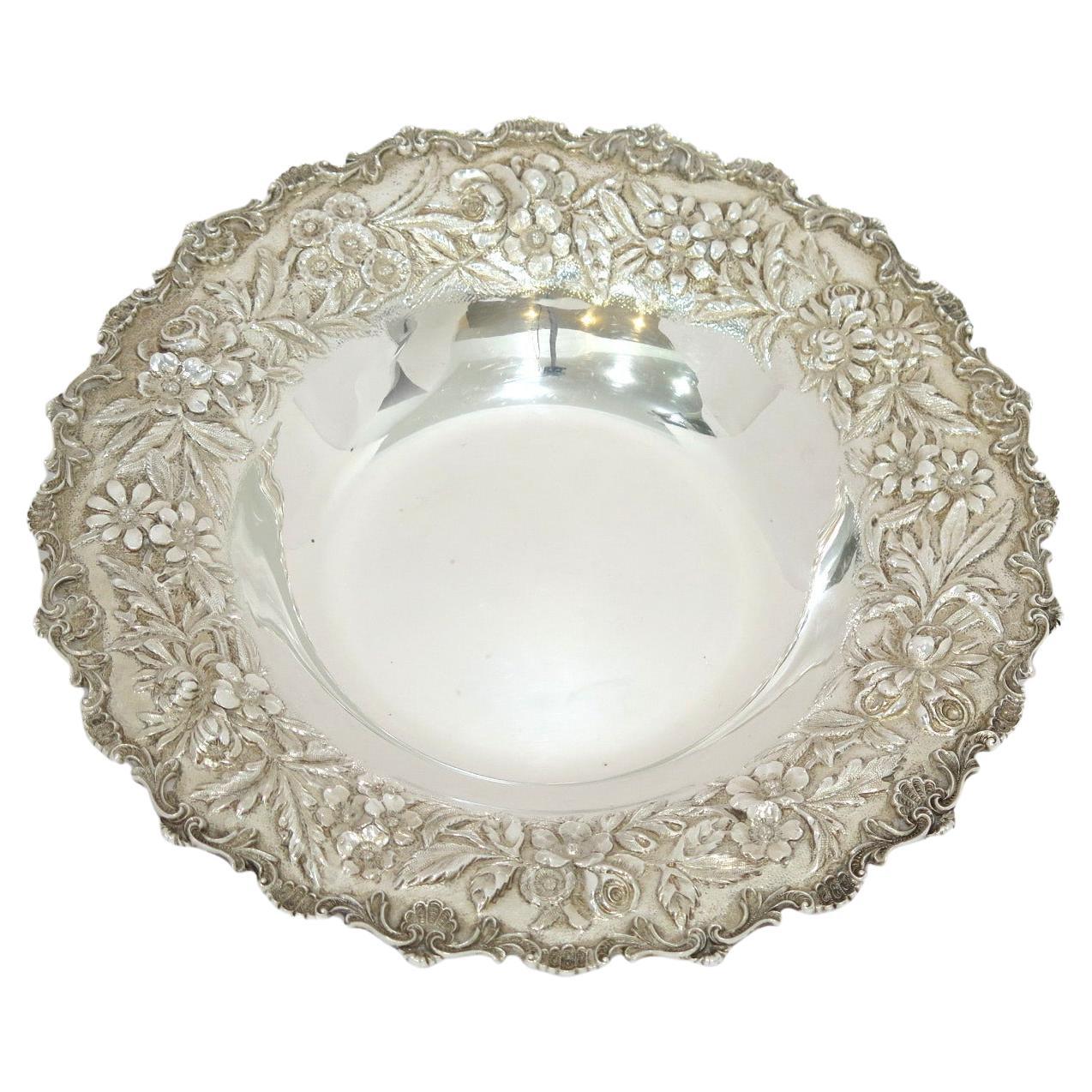 9.75 in - Sterling Silver S. Kirk & Son Antique Floral Repousse Serving Bowl For Sale