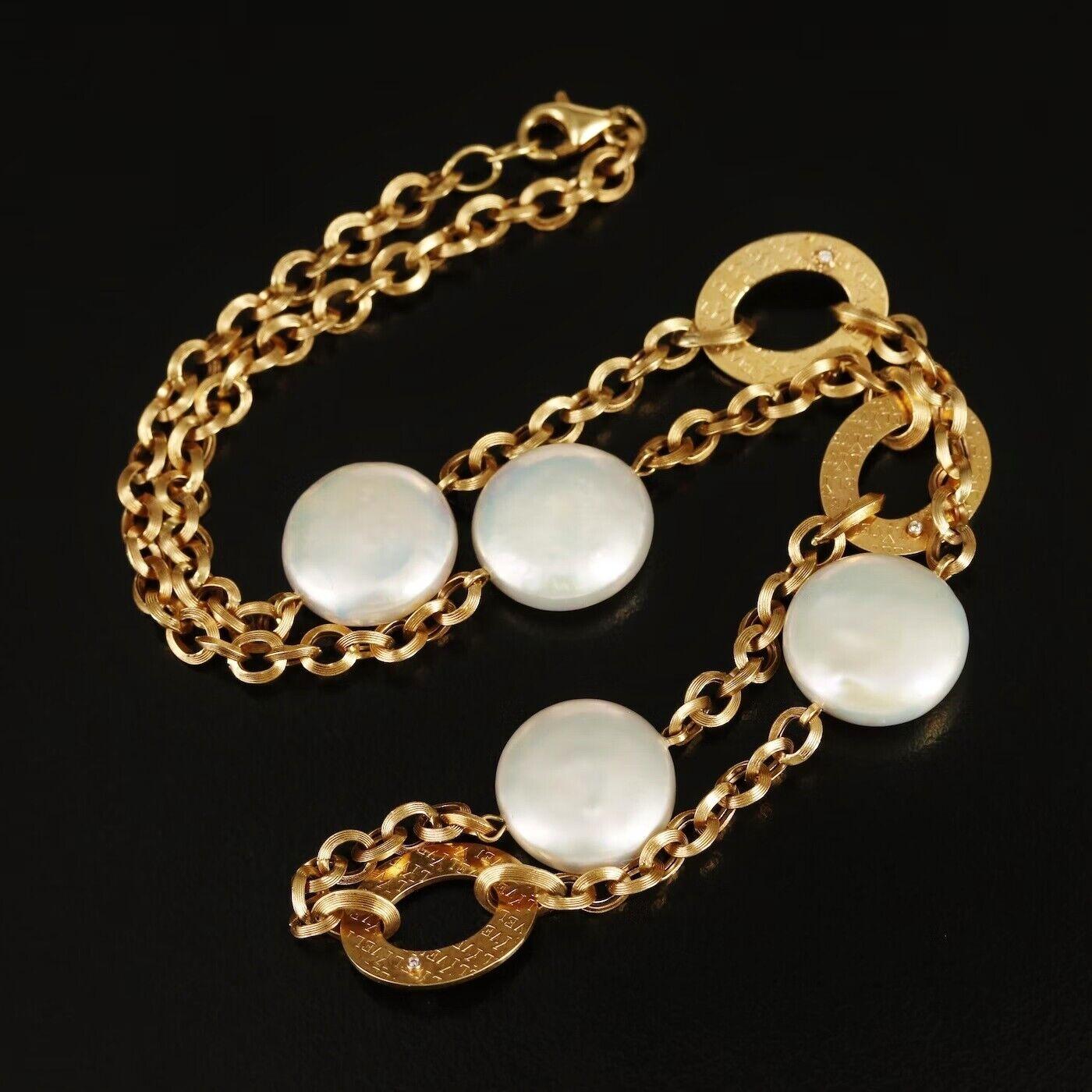 Round Cut $9750 / Yvel Biwa Coin Pearl Diamond Statin Necklace / 18k Gold For Sale