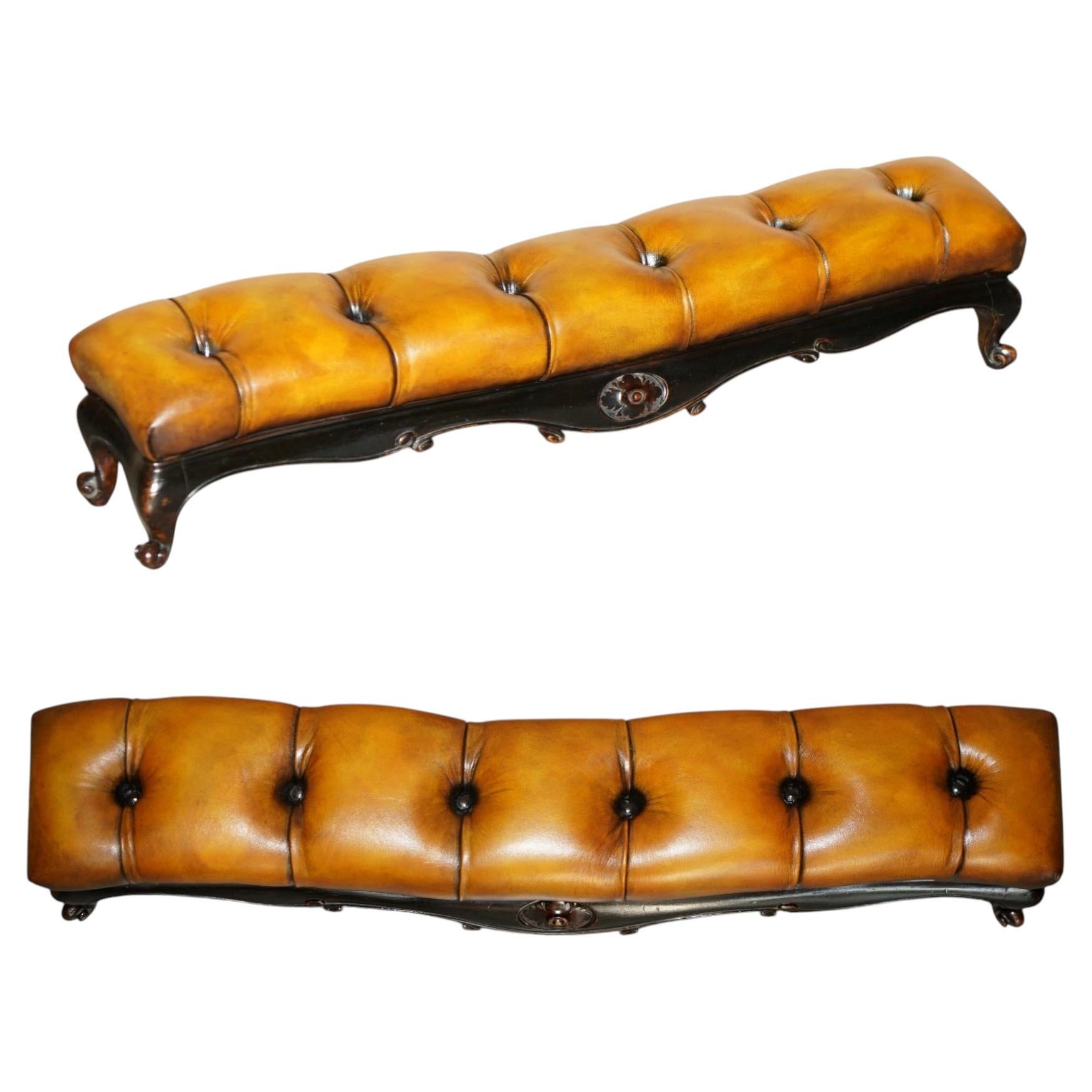 97.5CM ViCTORIAN CHESTERFIELD BROWN LEATHER CLUB FENDER LOG BURNER FOOTSTOOL