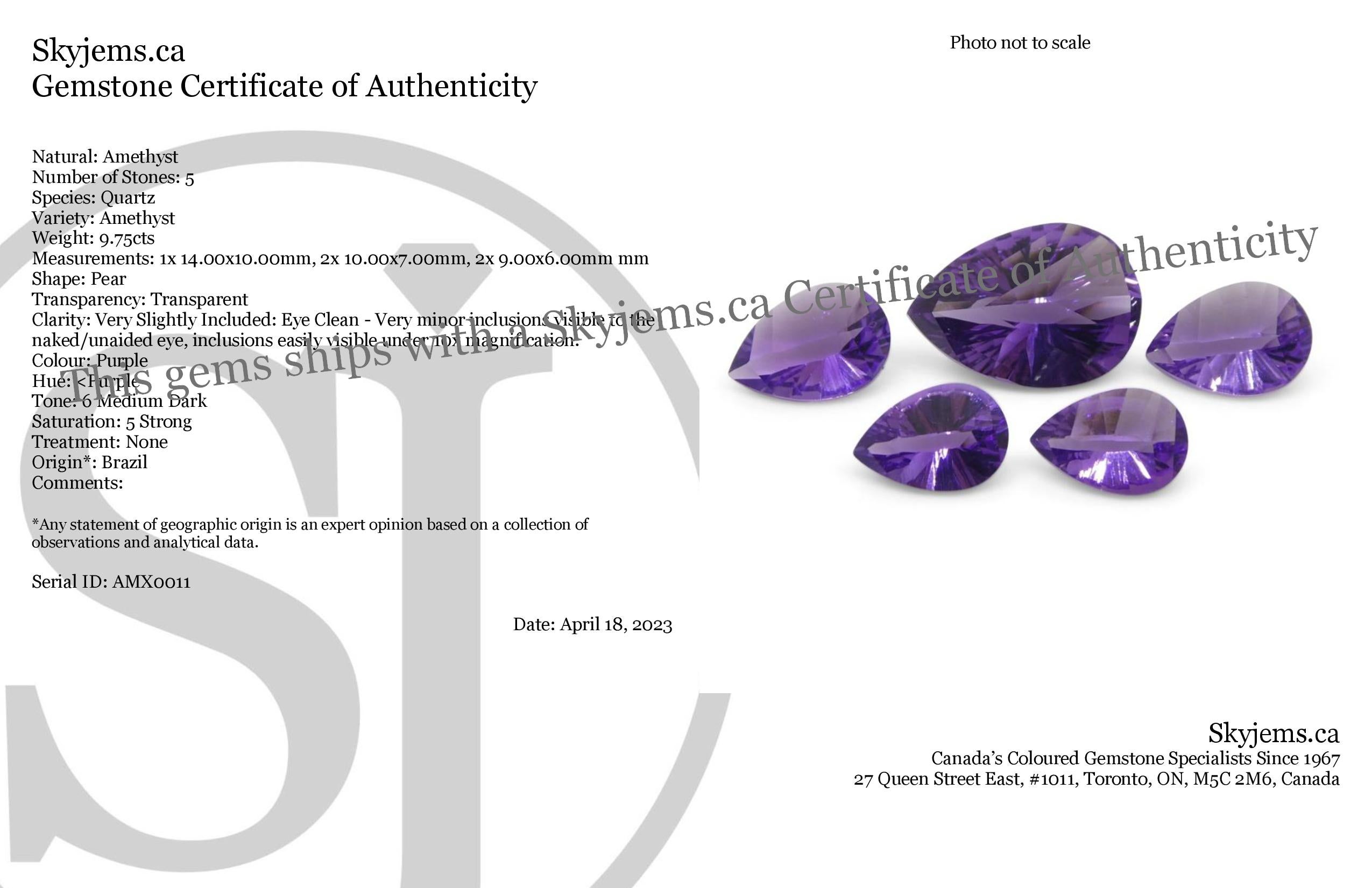 Descrizione:

Tipo di gemma: Ametista
Numero di pietre: 5
Peso: 9,75 carati
Misure: 1x 14.00x10.00mm, 2x 10.00x7.00mm, 2x 9.00x6.00mm
Forma: A pera
Stile di taglio Corona: Brillante modificato
Stile di taglio del padiglione: Taglio