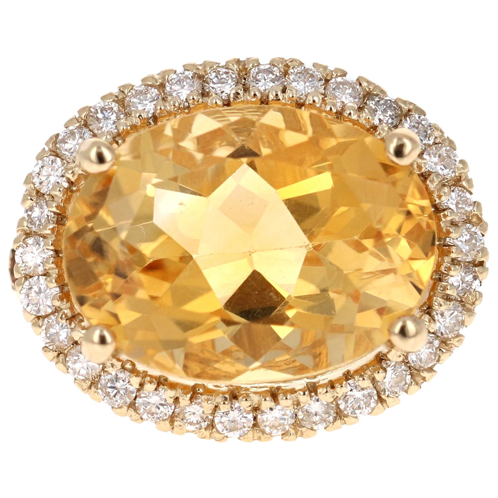 9.76 Carat Oval Cut Citrine Sapphire Diamond 14 Karat Yellow Gold Ring