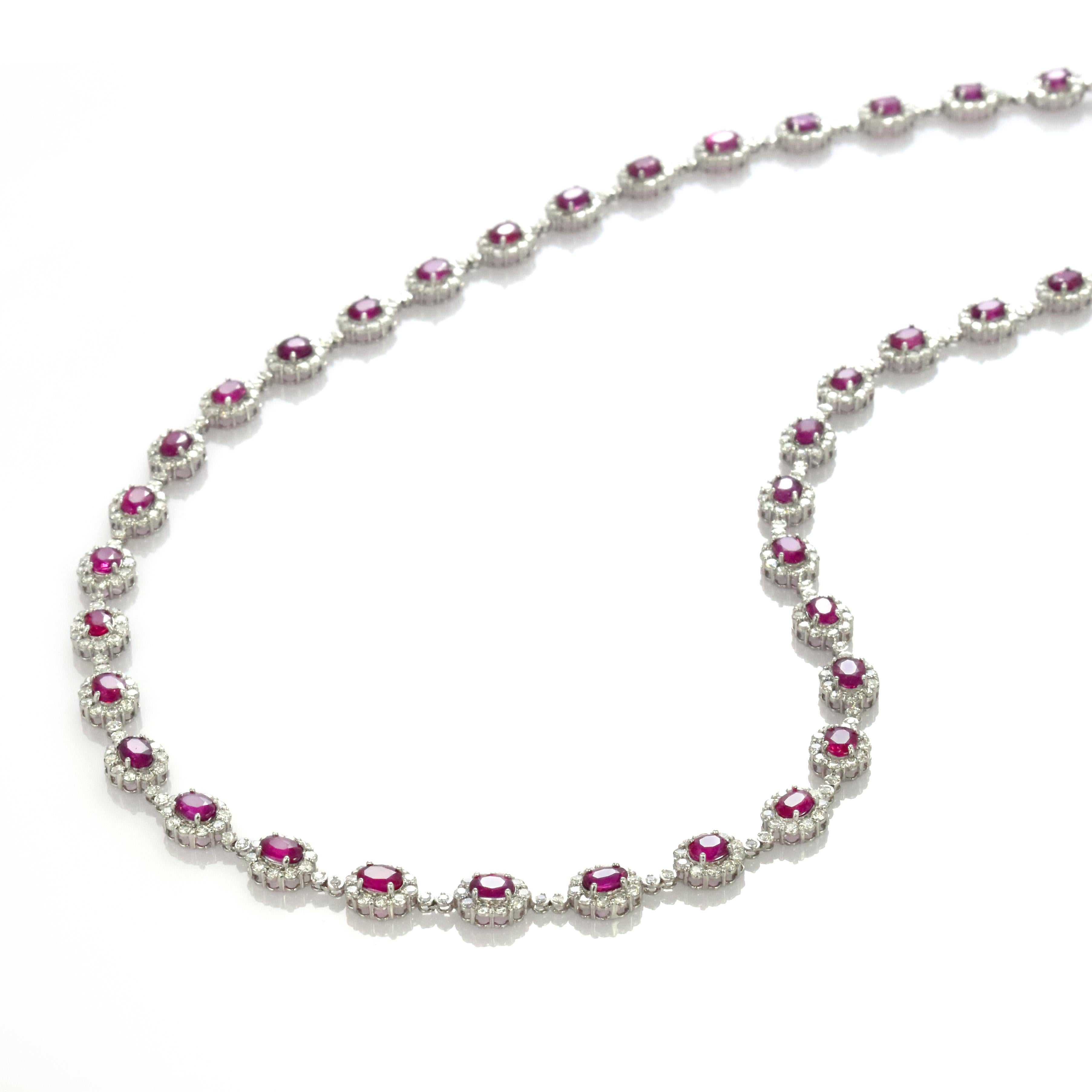 9.77 Carat Natural Vivid-Red Rubies & Diamonds Tennis Necklace Made in Platinum For Sale 4