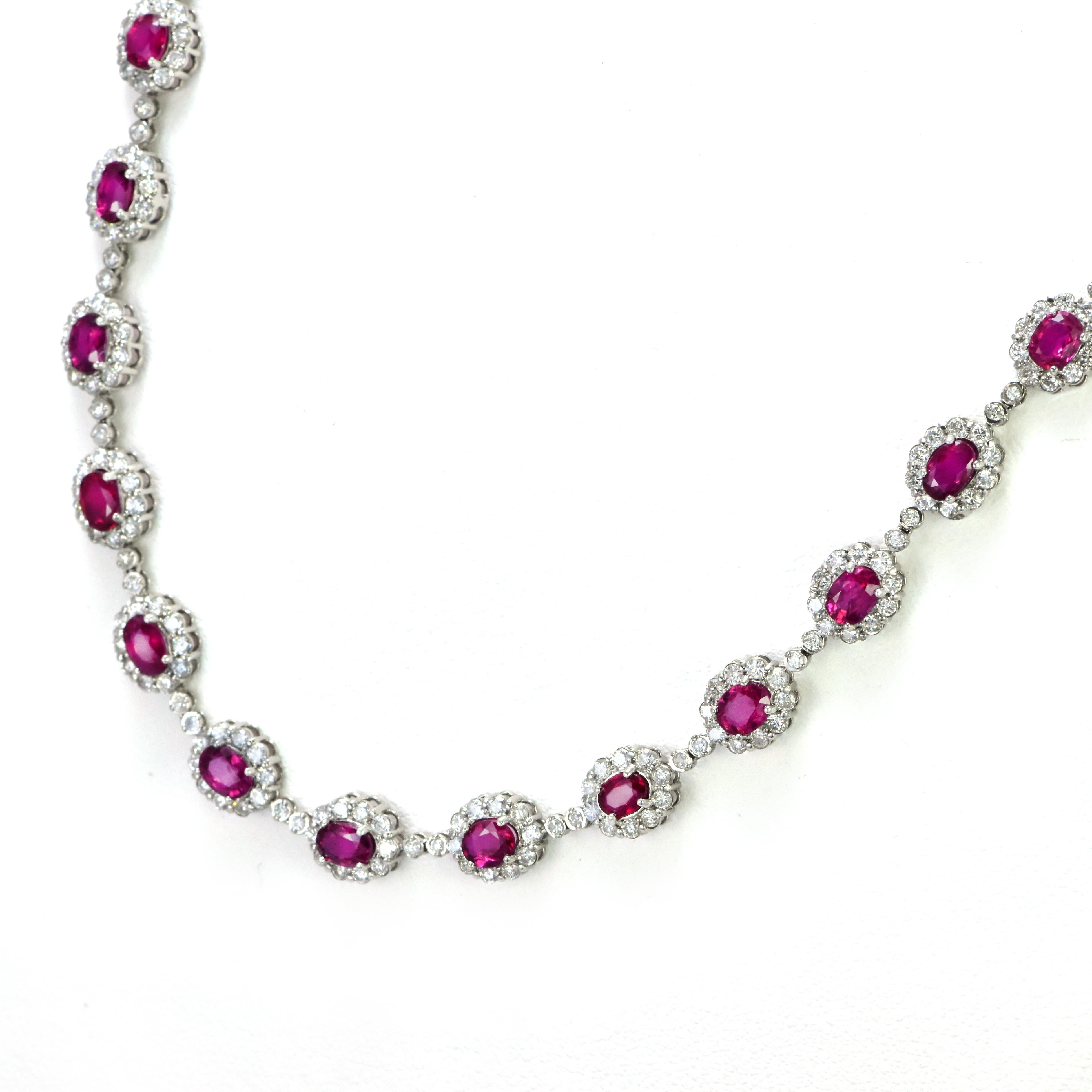 A beautiful necklace set in platinum featuring a total of 9.77 Carats of Rubies and 4.40 Carat Diamonds. Rubies are referred to as 