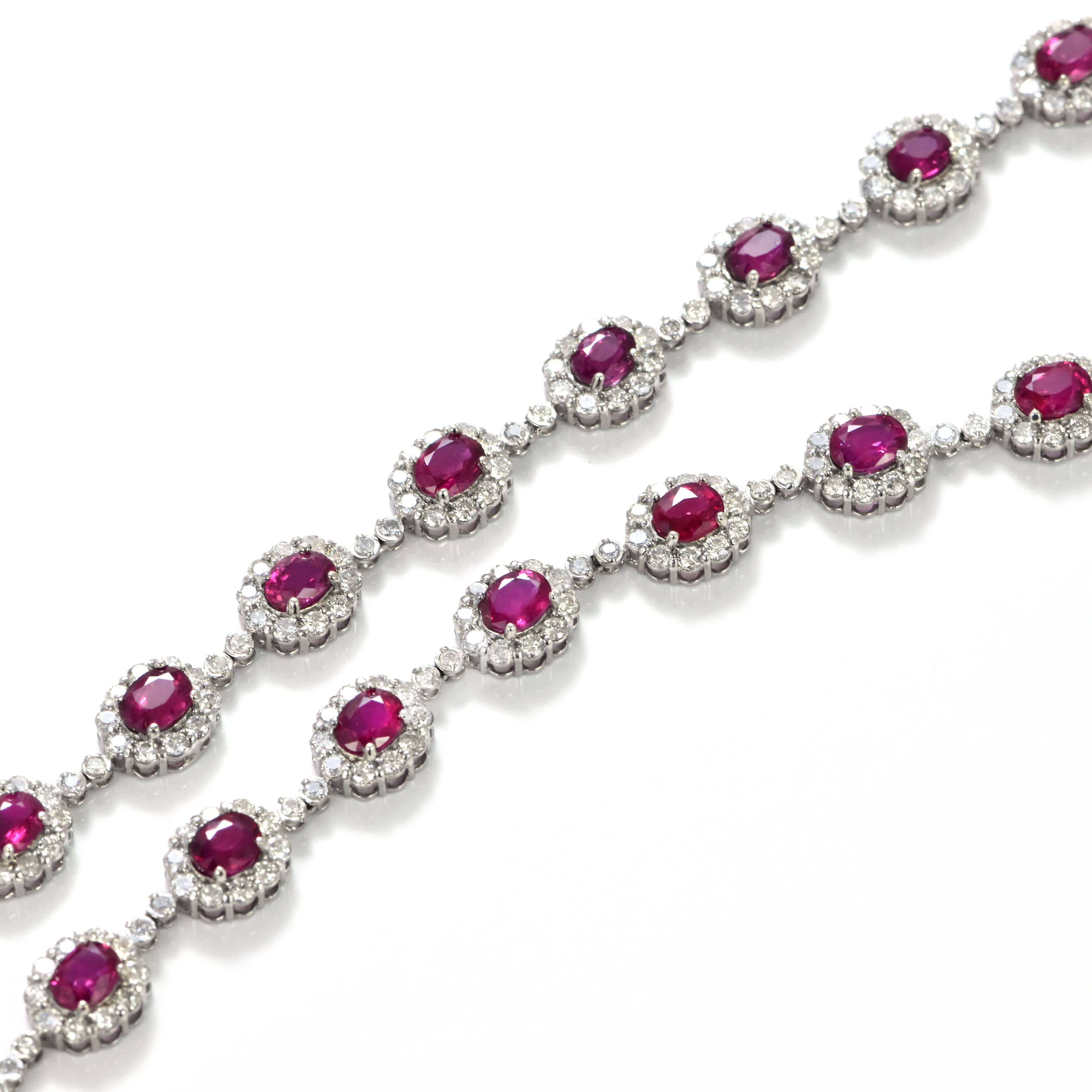 Modern 9.77 Carat Natural Vivid-Red Rubies & Diamonds Tennis Necklace Made in Platinum For Sale