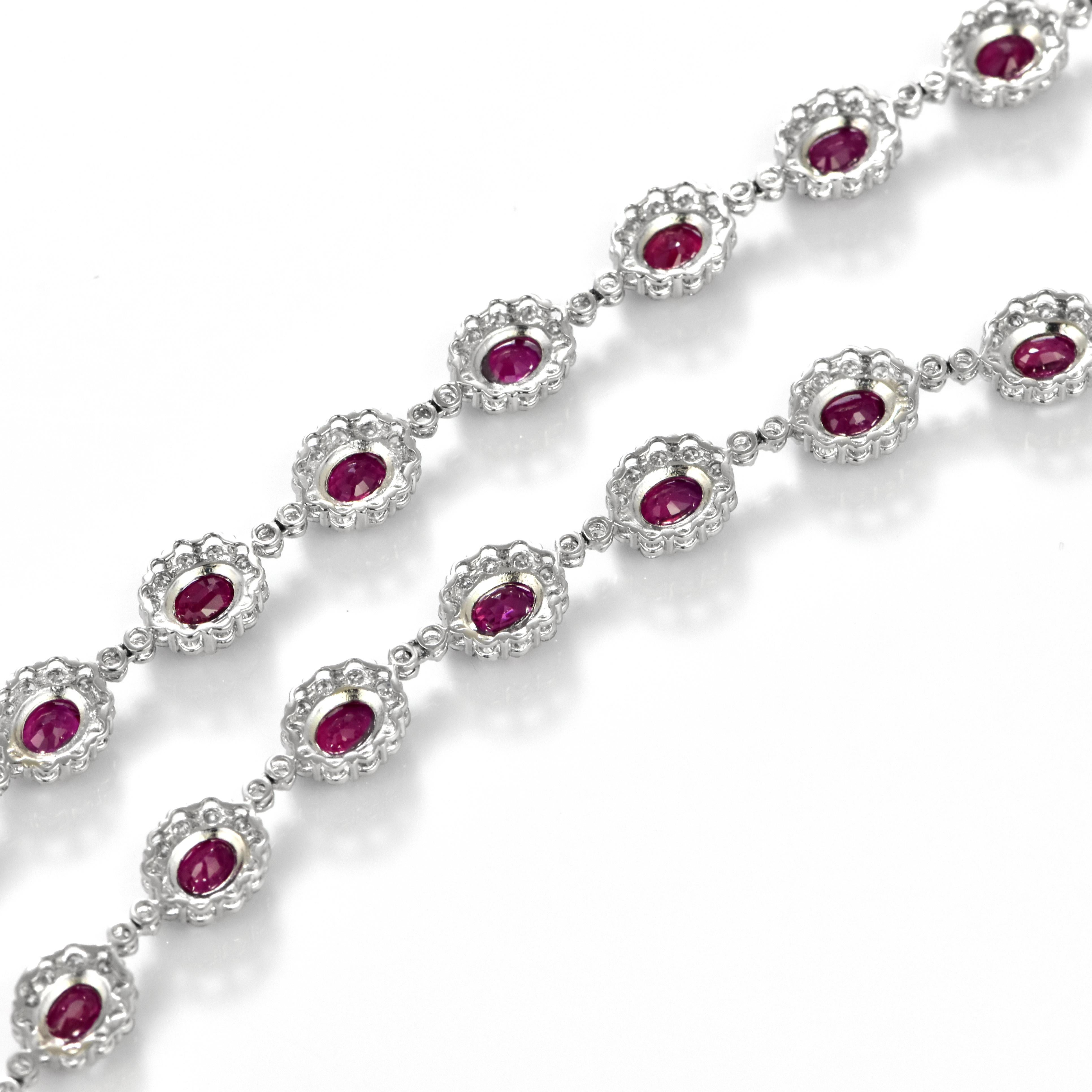 Oval Cut 9.77 Carat Natural Vivid-Red Rubies & Diamonds Tennis Necklace Made in Platinum For Sale