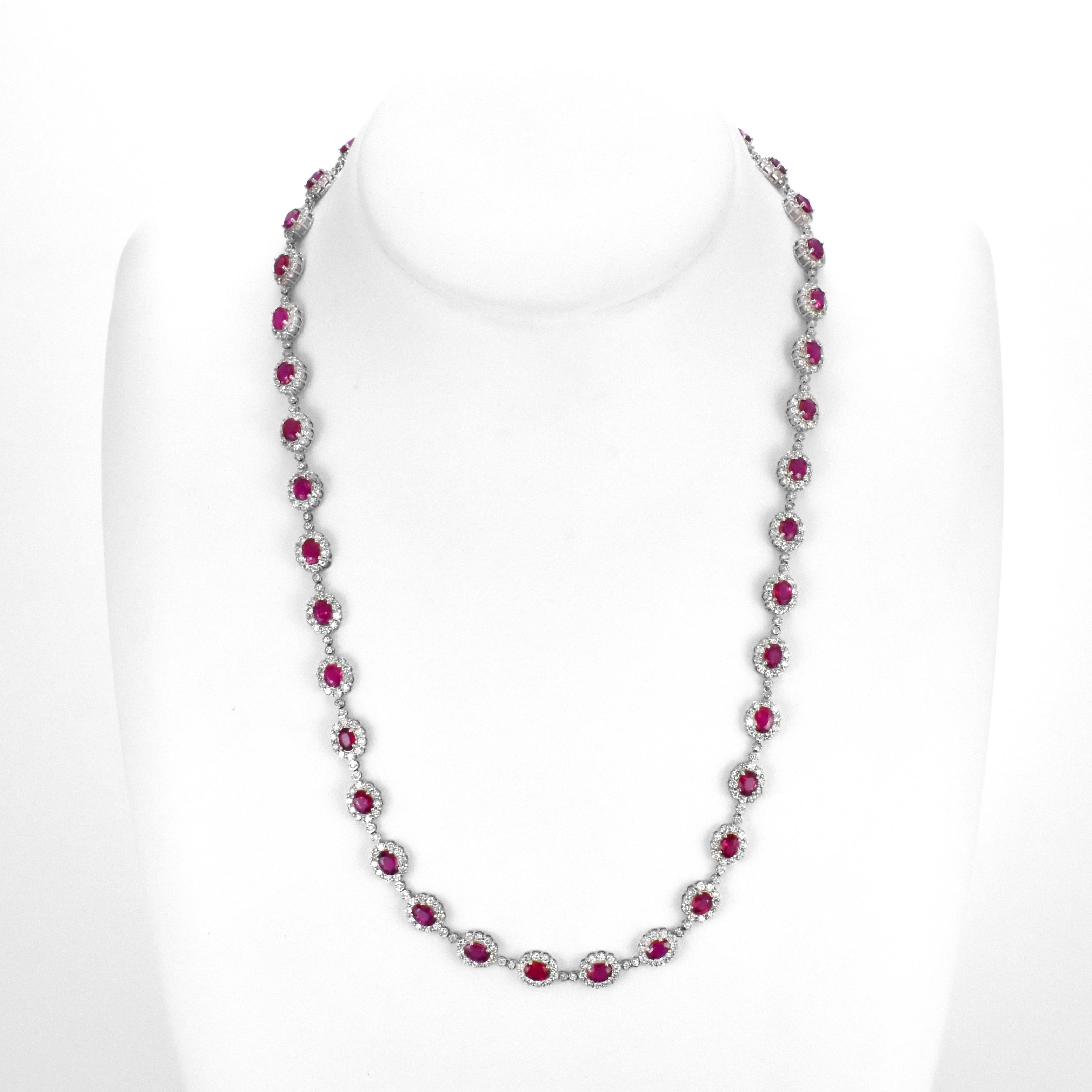 Women's 9.77 Carat Natural Vivid-Red Rubies & Diamonds Tennis Necklace Made in Platinum For Sale