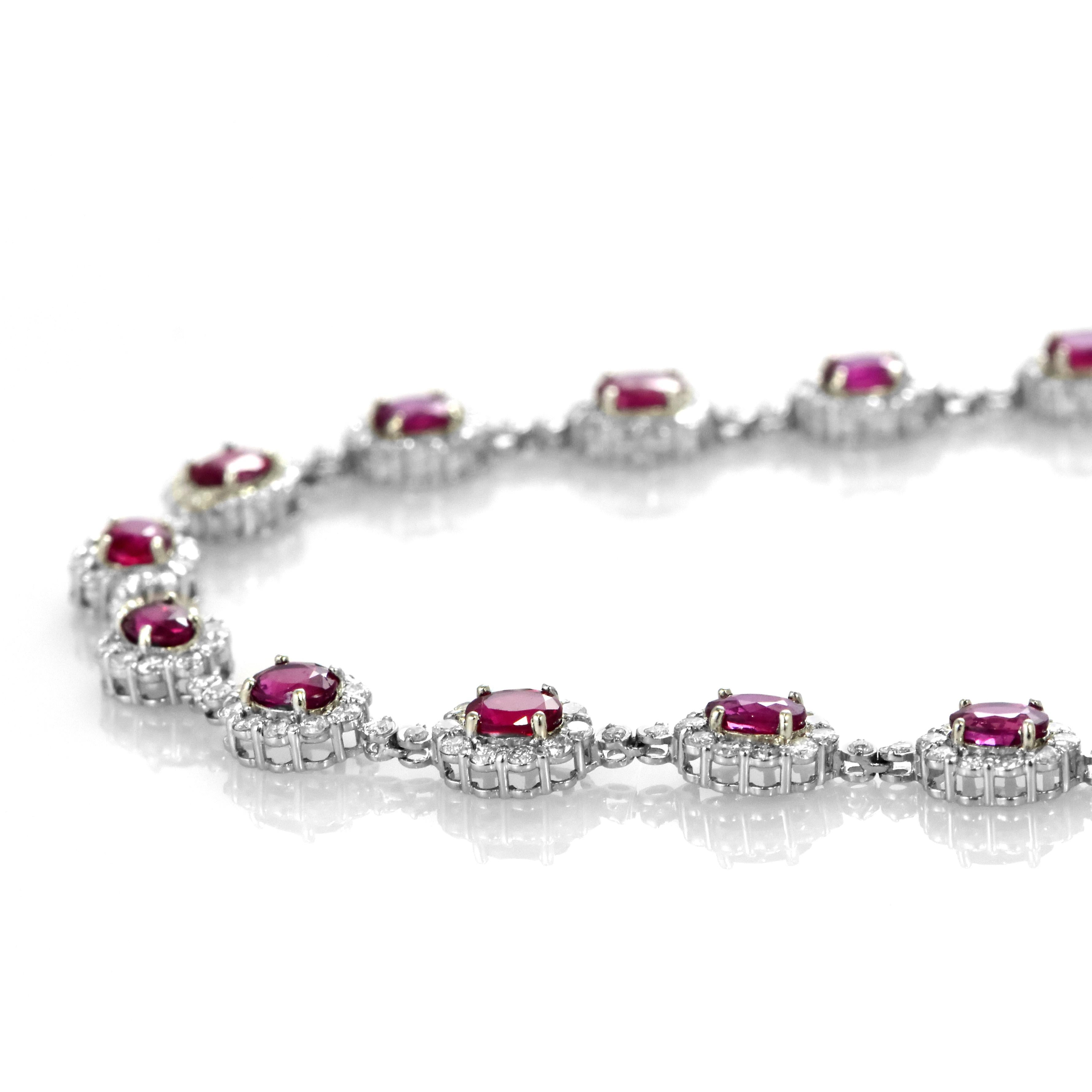 9.77 Carat Natural Vivid-Red Rubies & Diamonds Tennis Necklace Made in Platinum For Sale 2
