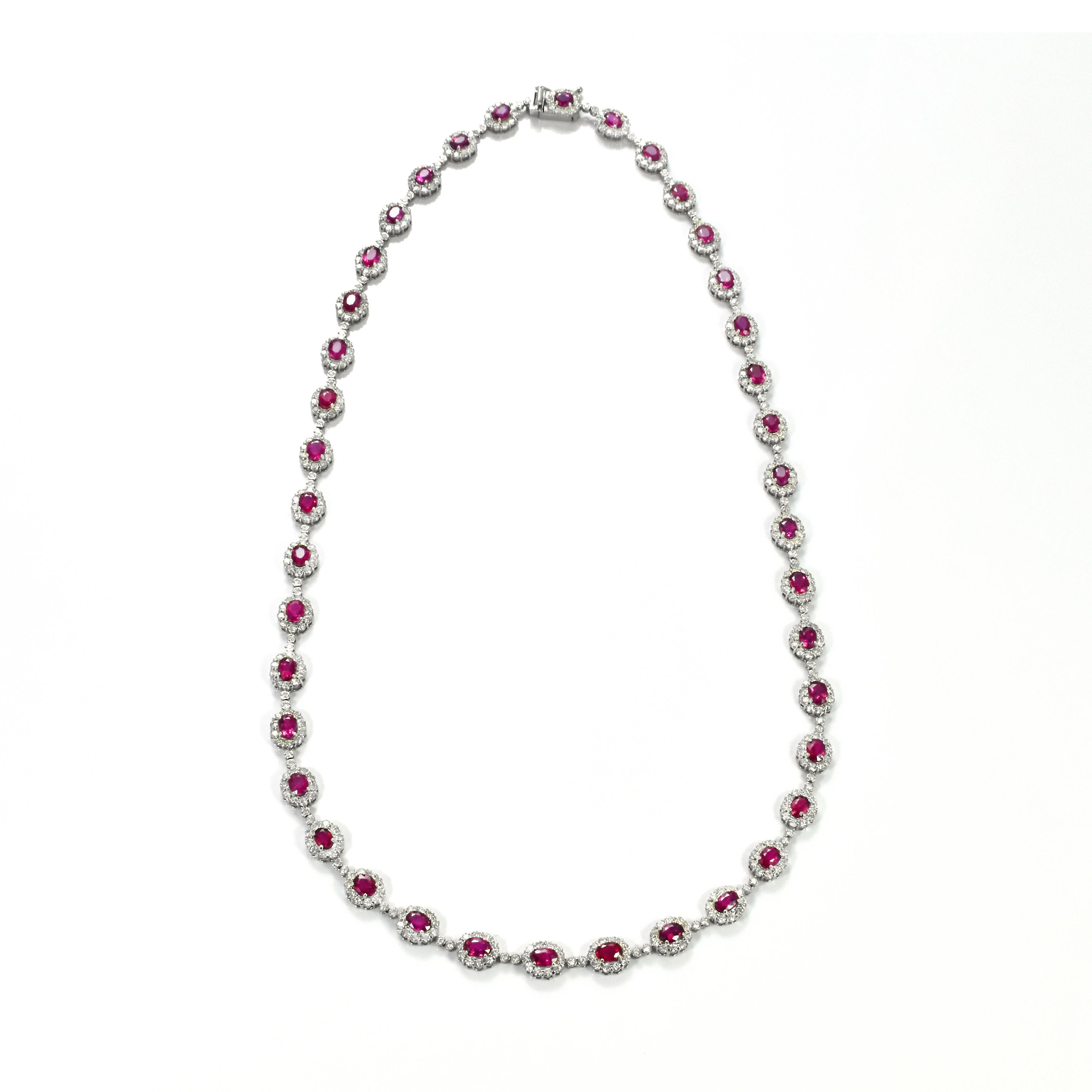 9.77 Carat Natural Vivid-Red Rubies & Diamonds Tennis Necklace Made in Platinum For Sale 3