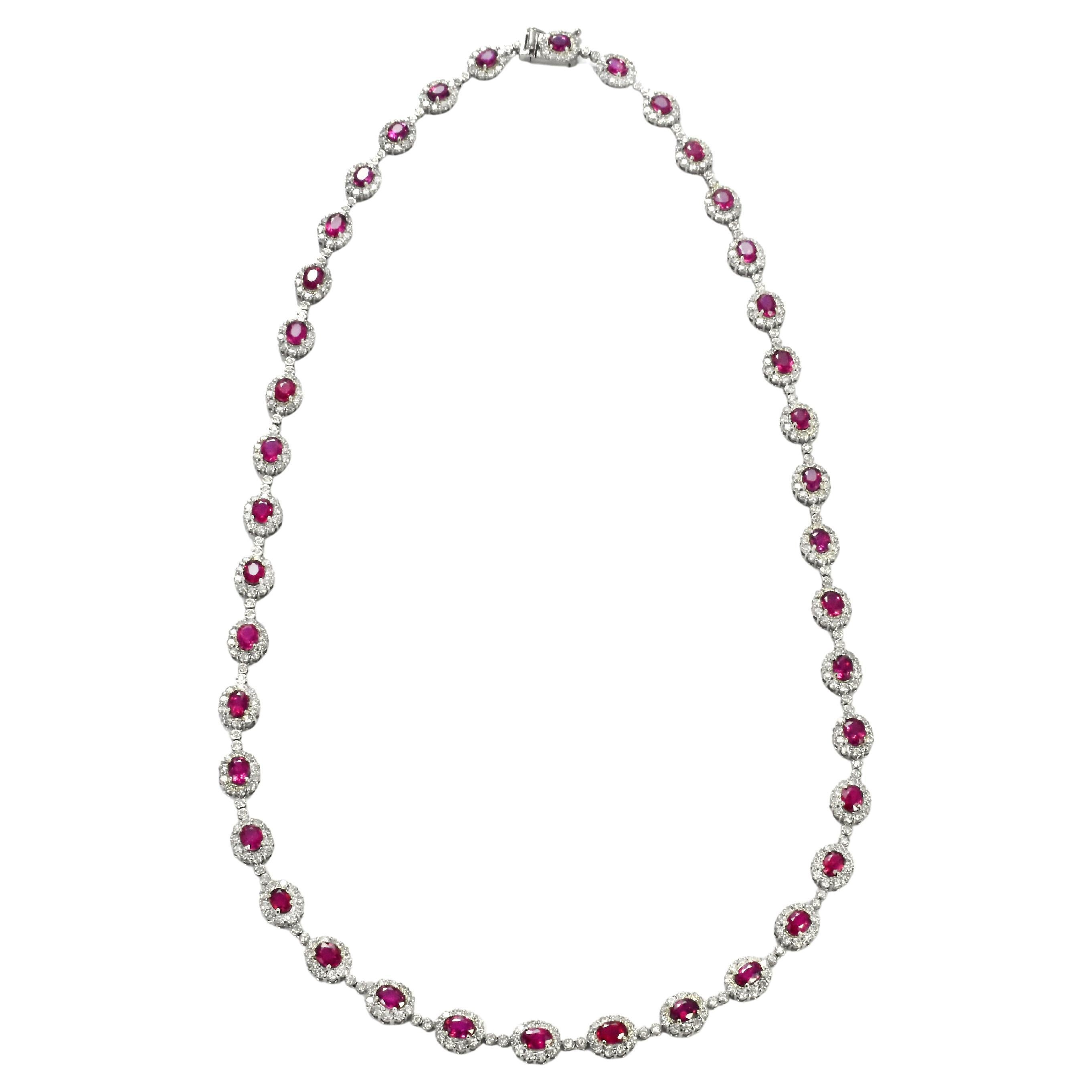 9.77 Carat Natural Vivid-Red Rubies & Diamonds Tennis Necklace Made in Platinum For Sale