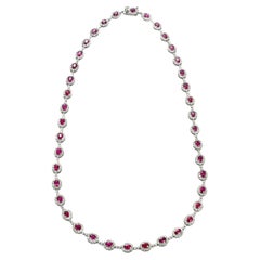 9.77 Carat Natural Vivid-Red Rubies & Diamonds Tennis Necklace Made in Platinum