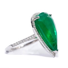 Bespoke 9-10 Carat Natural Pear Shape Emerald Diamond Halo Ring 18K White Gold
